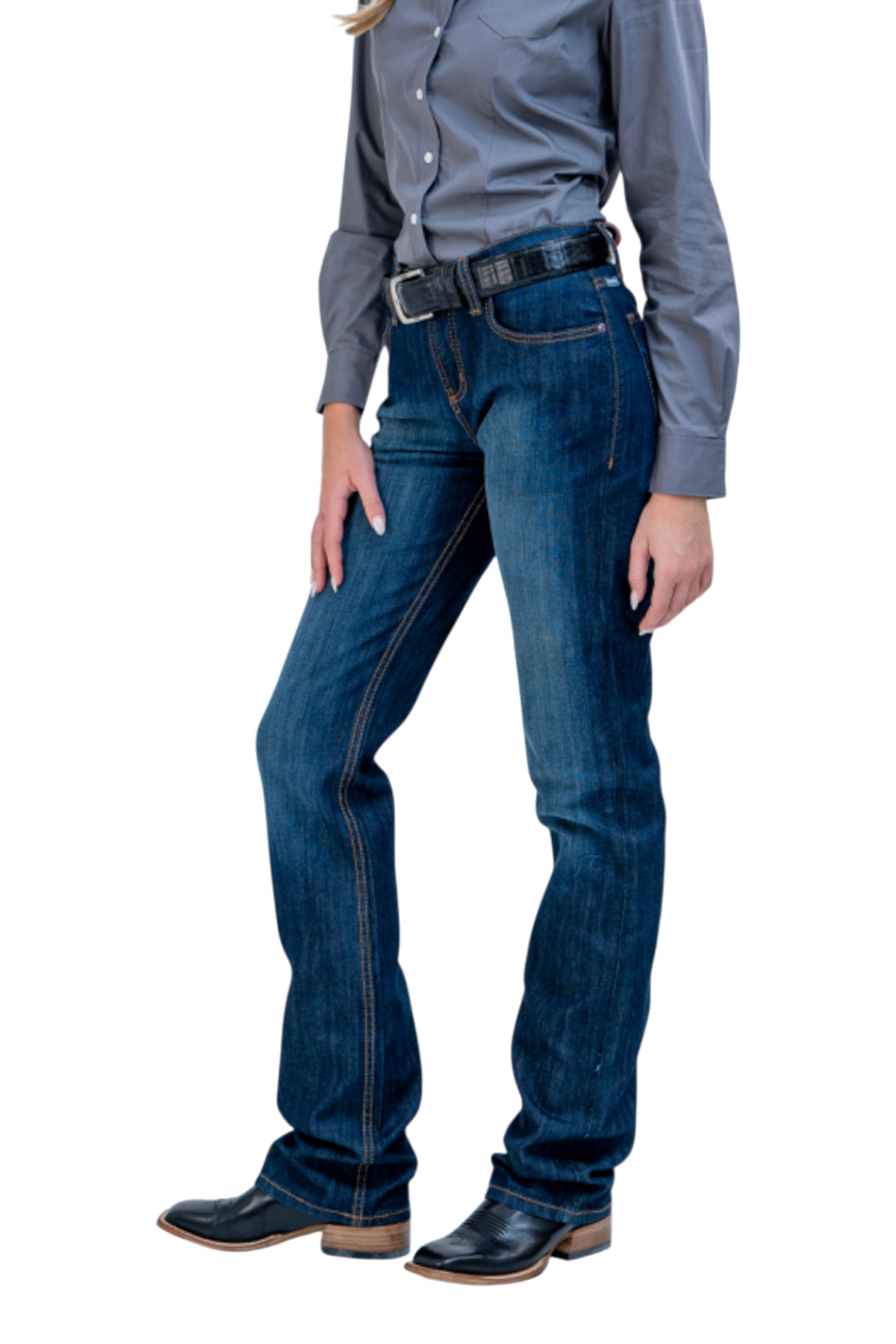 Person wearing blue jeans and a gray shirt on a white background