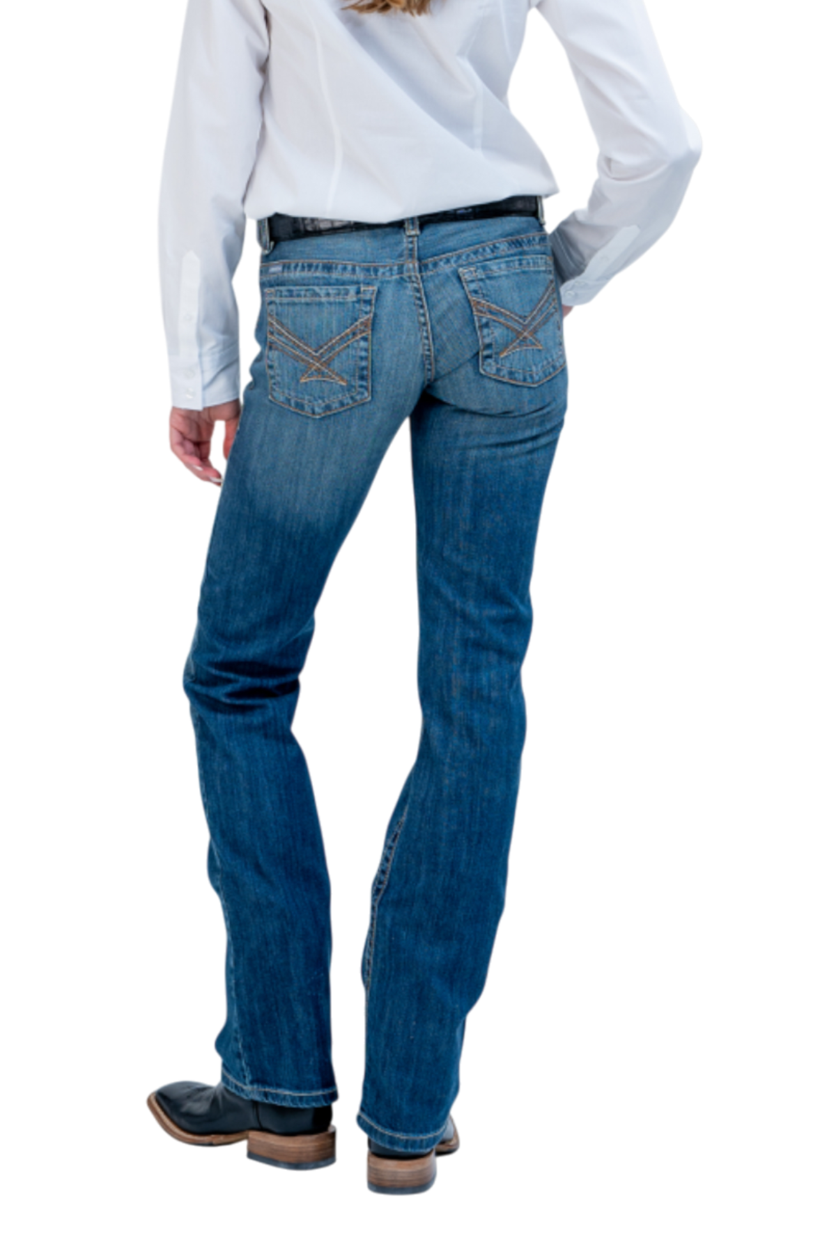 Person wearing blue jeans and a white shirt on a white background