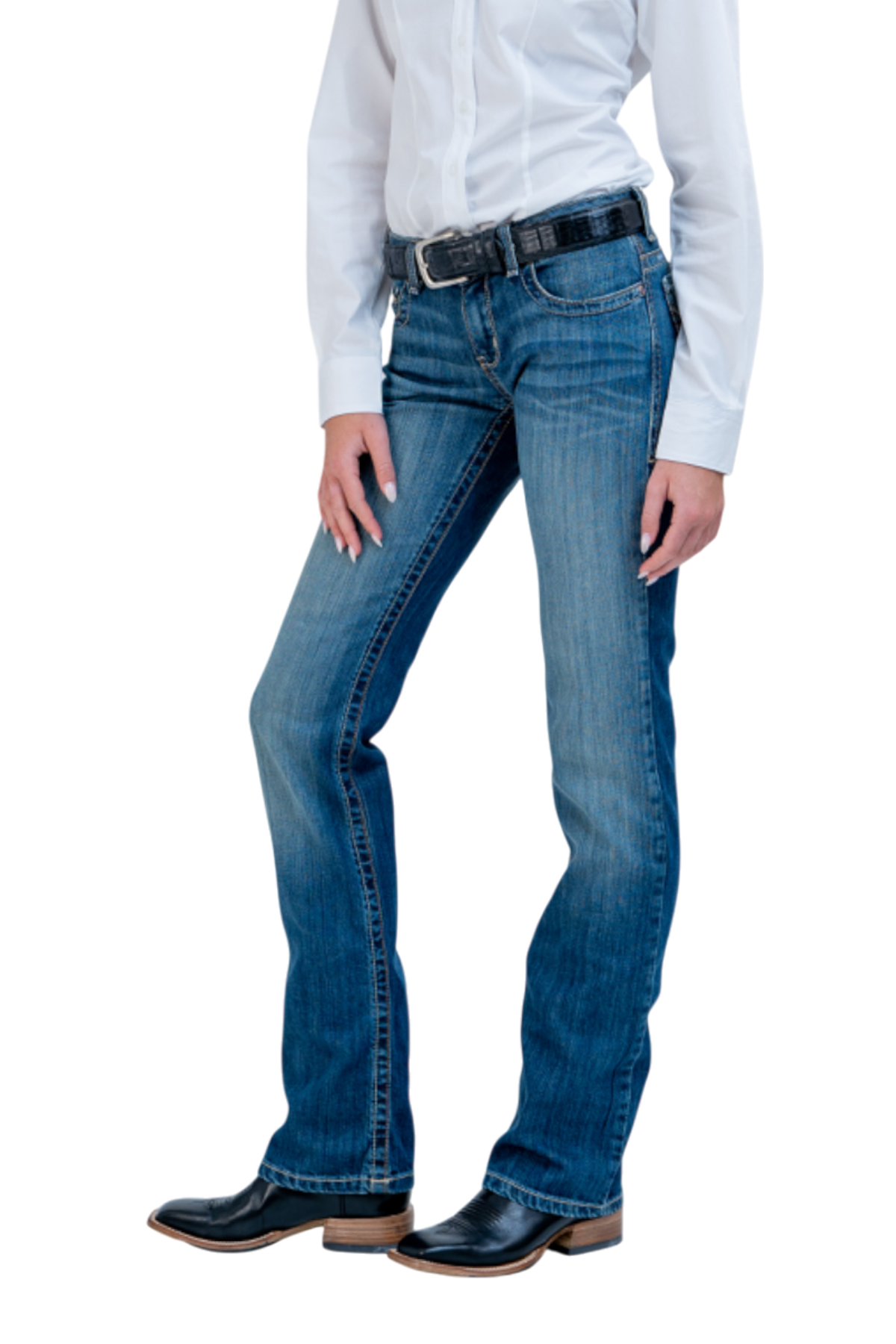 Person wearing blue jeans and a white shirt on a white background