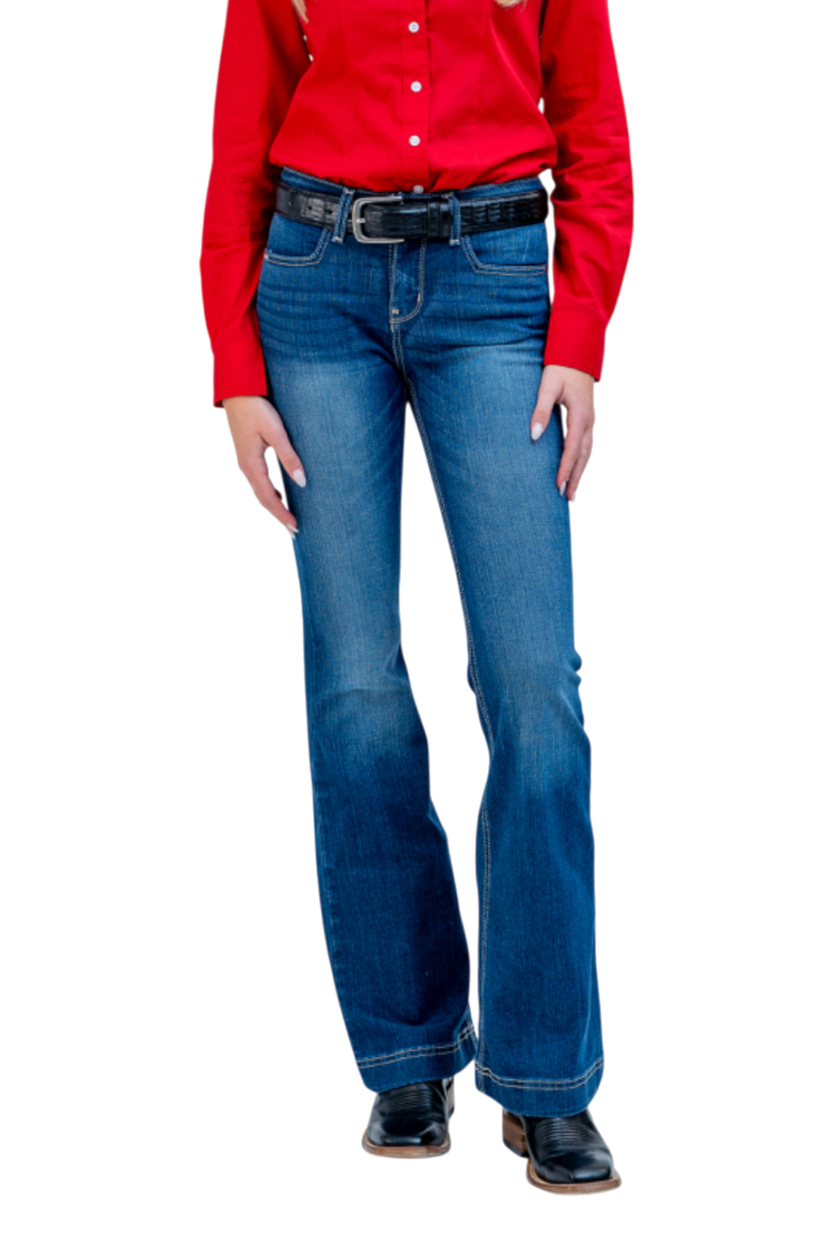 Person wearing a red shirt and blue jeans on a white background