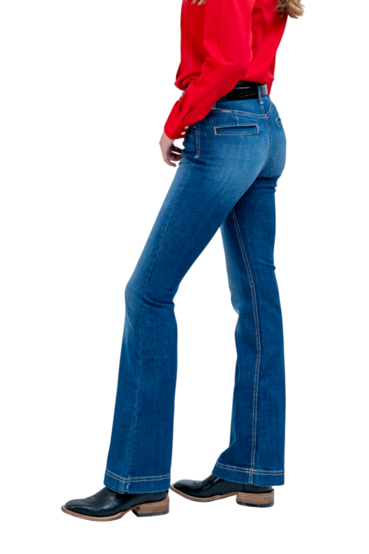 Person wearing blue jeans and a red shirt on a white background