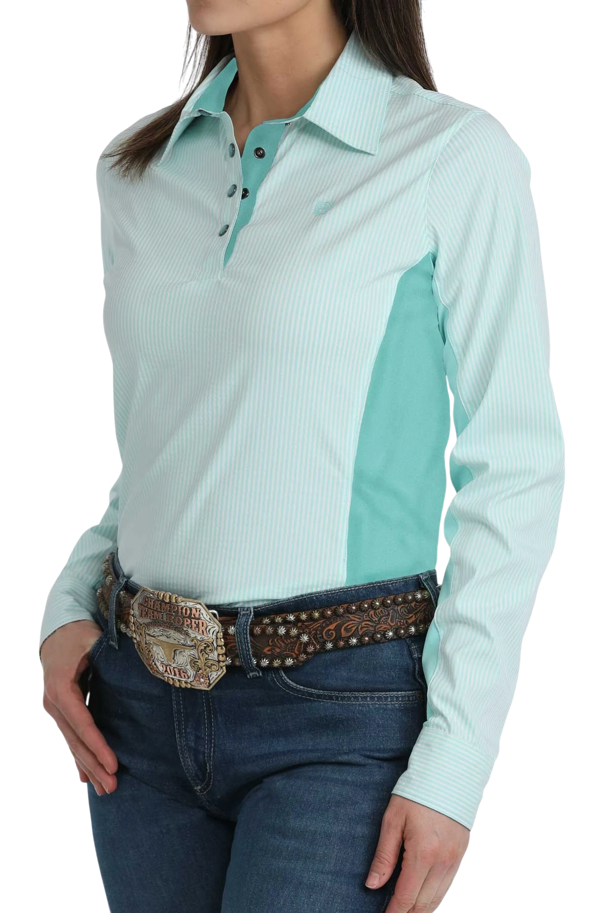 Go West Supply light turquoise and white striped long sleeve hybrid shirt with turquoise side panels and embroidered logo.