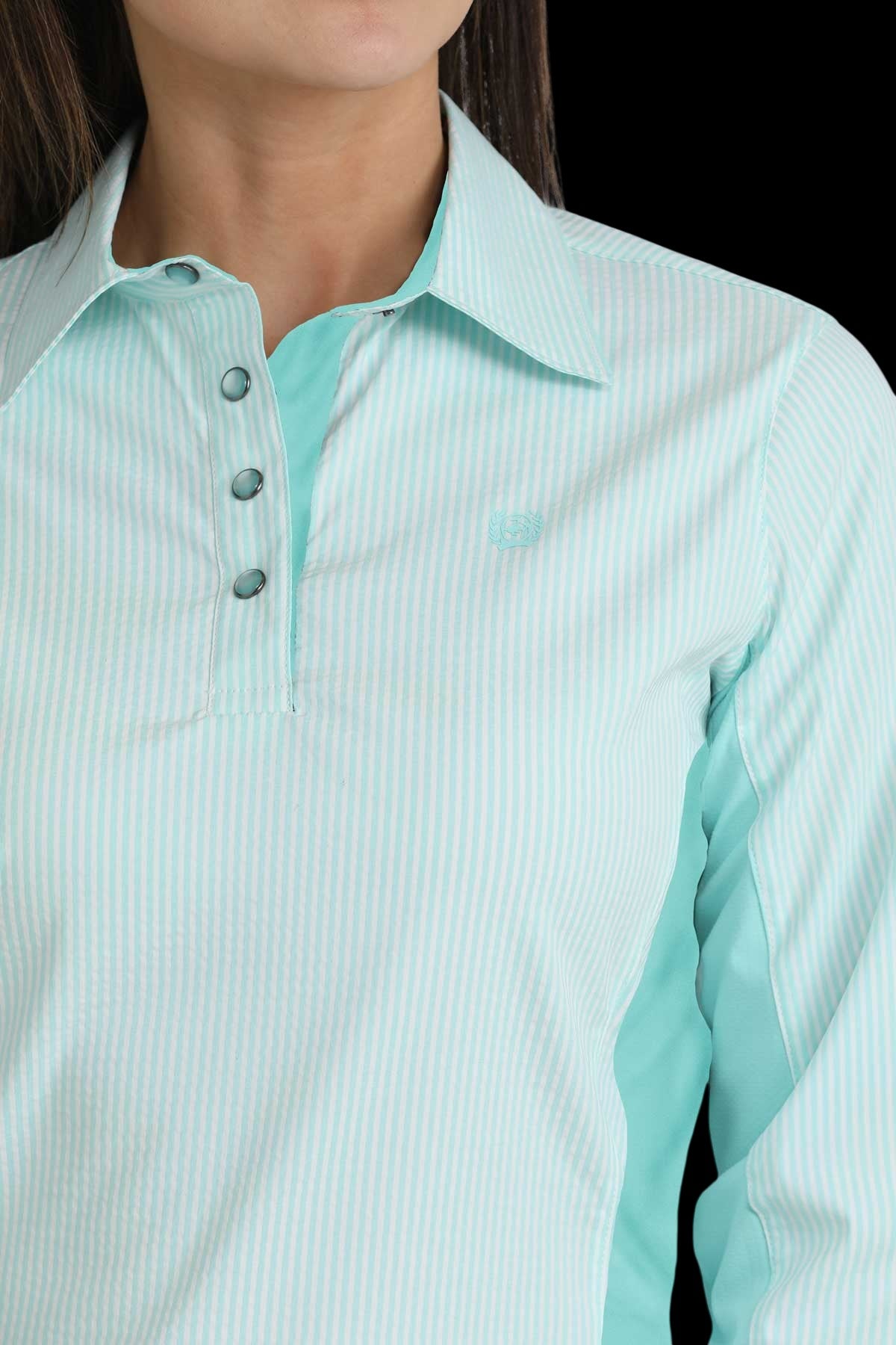 Go West Supply light turquoise and white striped poly-spandex blend long sleeve button-down shirt with pearl buttons and embroidered logo.
