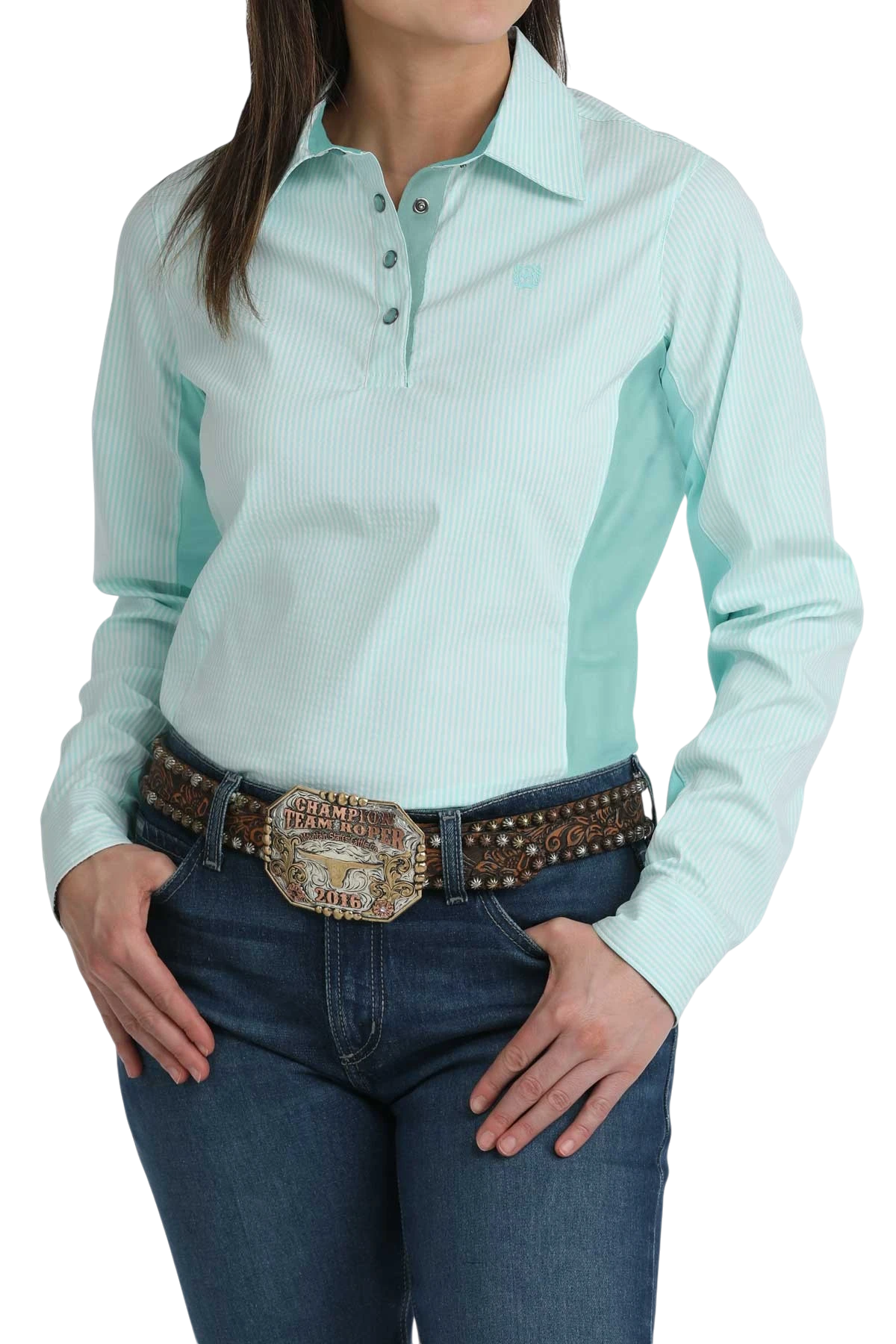 Go West Supply light turquoise and white striped poly-spandex blend long sleeve shirt with button closure and embroidered logo.