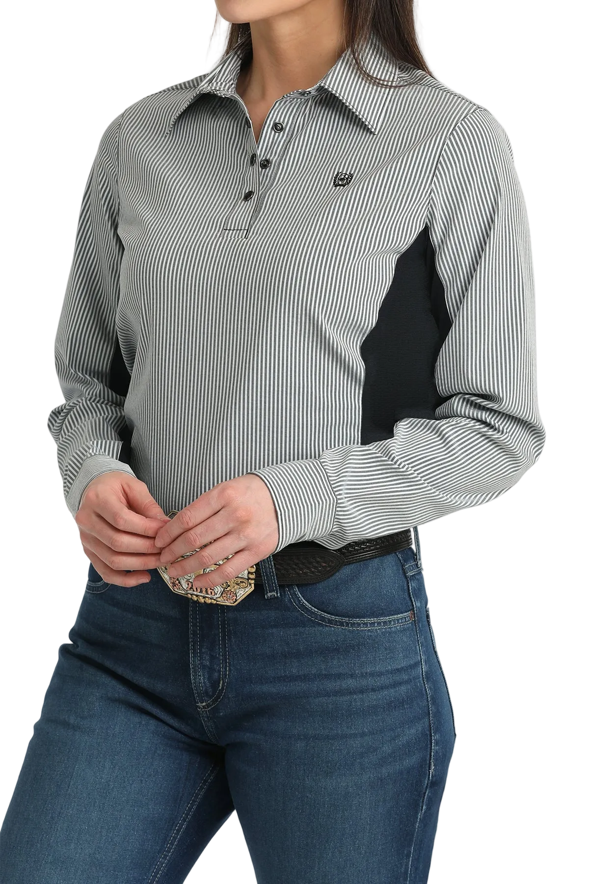 Woman wearing a gray and black striped shirt with a black patch on a white background