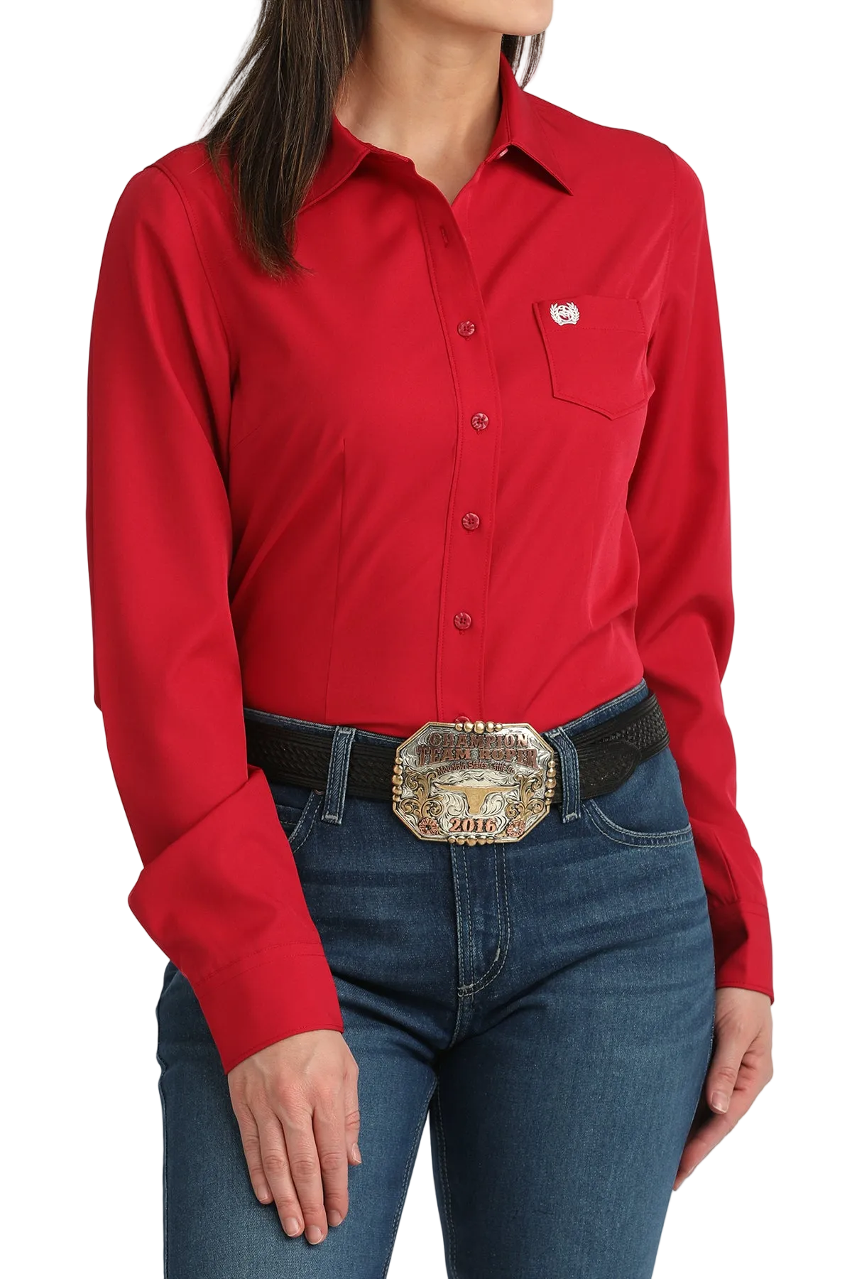 Red shirt worn by a person on a white background