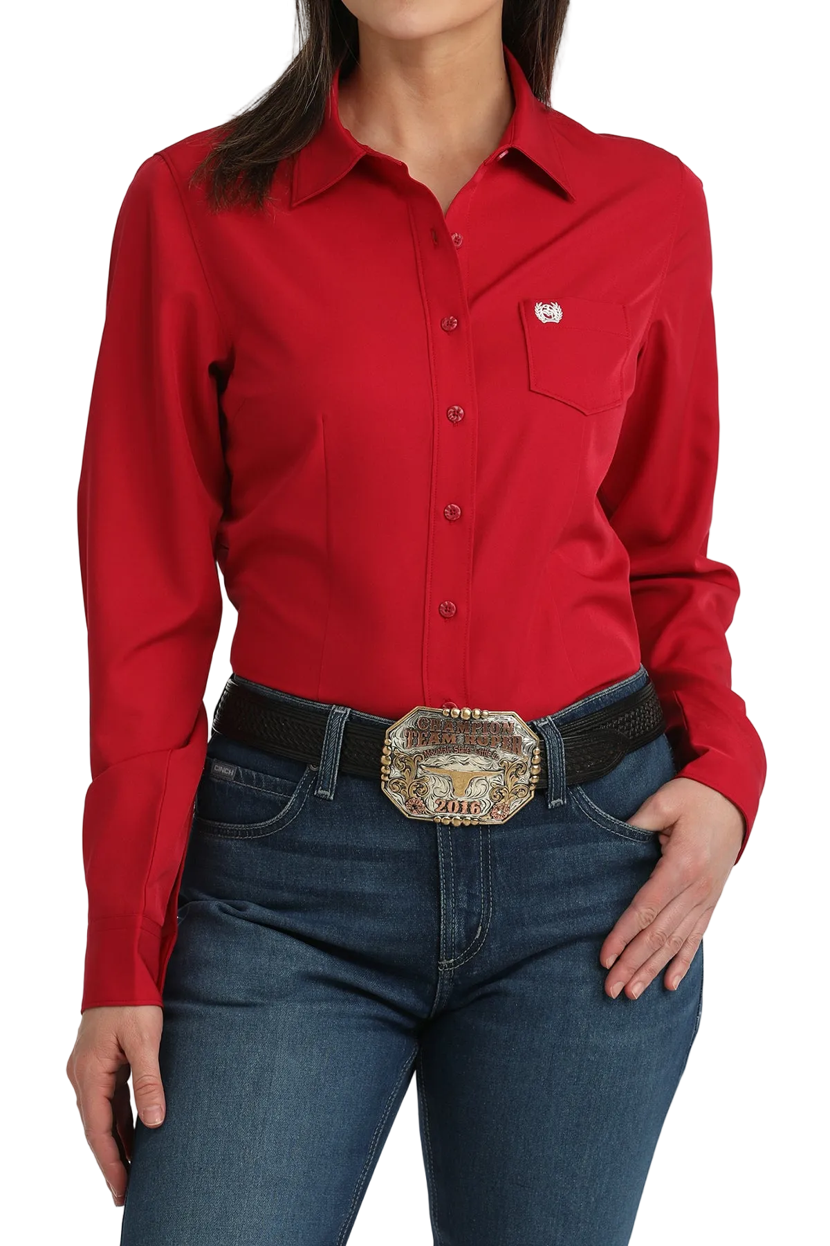 Red shirt worn by a person on a white background