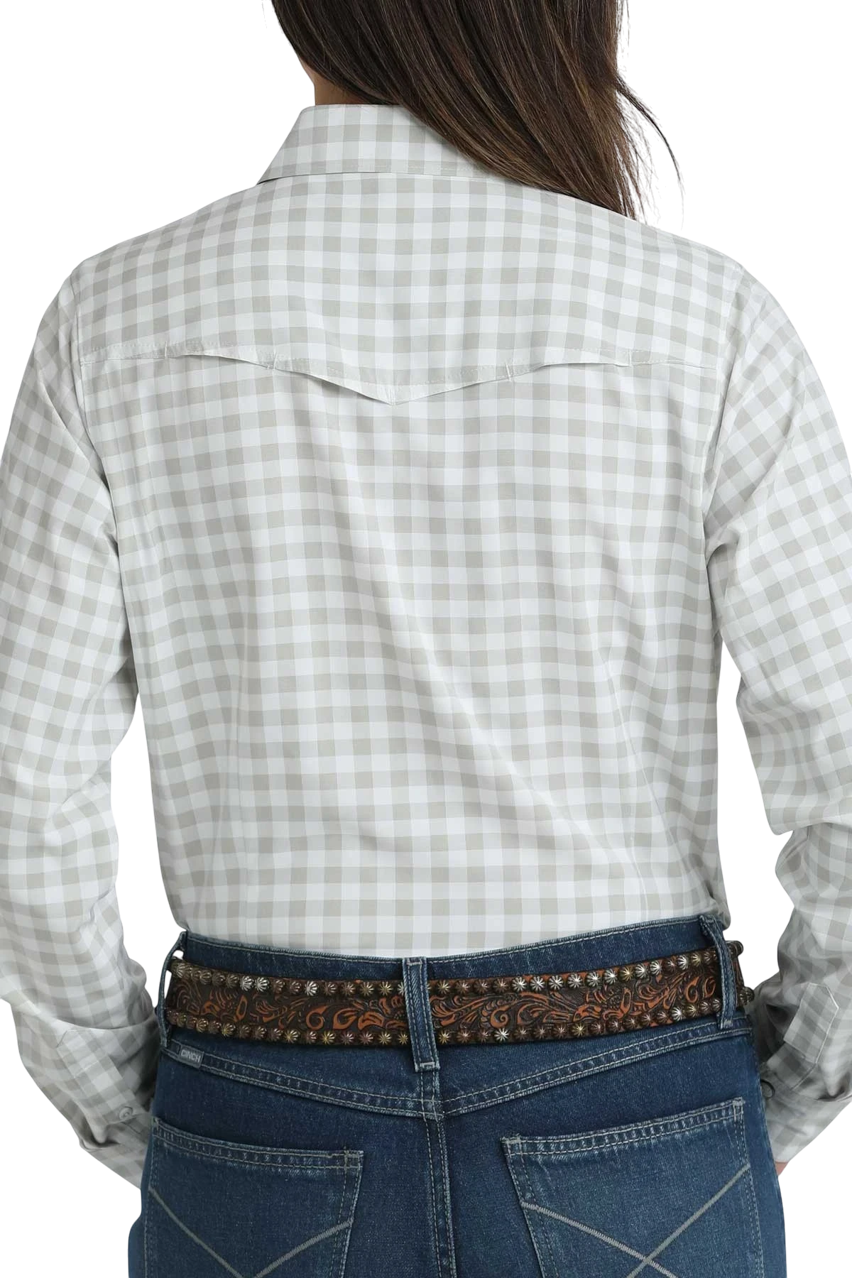 Go West Supply womens light grey and white gingham long sleeve Arenaflex shirt made of poly-spandex blend.