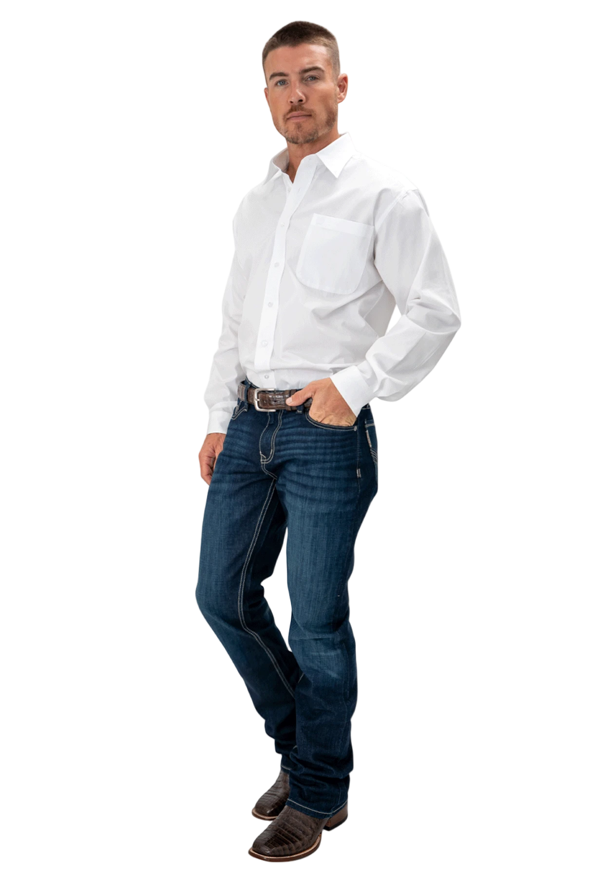 Man wearing a white shirt and blue jeans on a white background