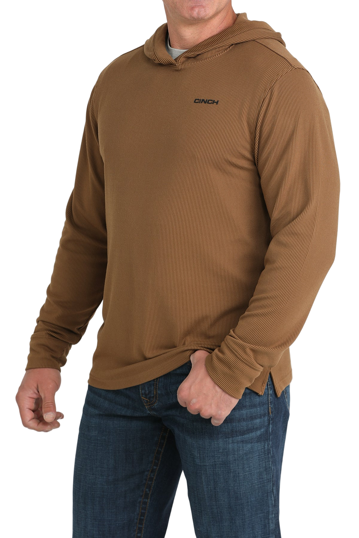 Man wearing a brown hoodie with a small 'Cinch' logo on the chest, paired with jeans on a transparent background