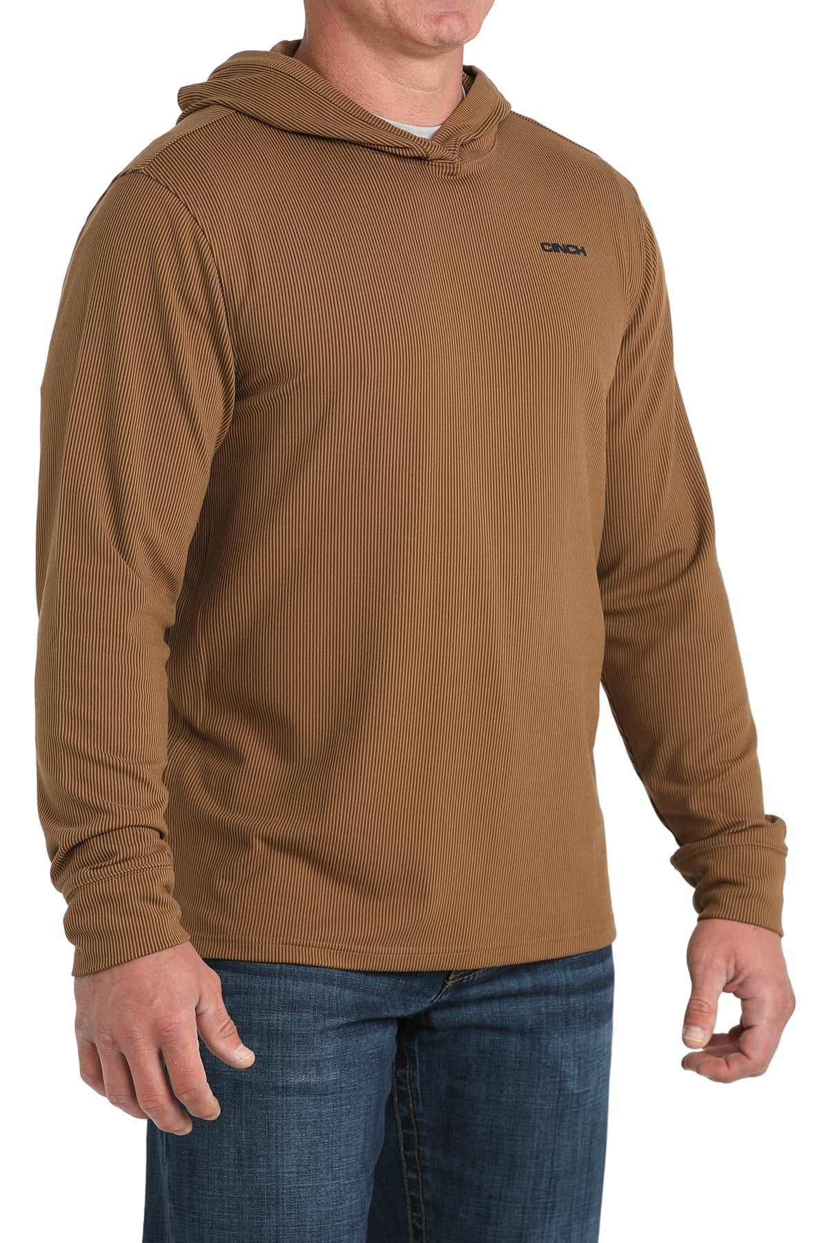 Man wearing a brown hoodie with a small 'Cinch' logo on the chest, paired with jeans on a transparent background