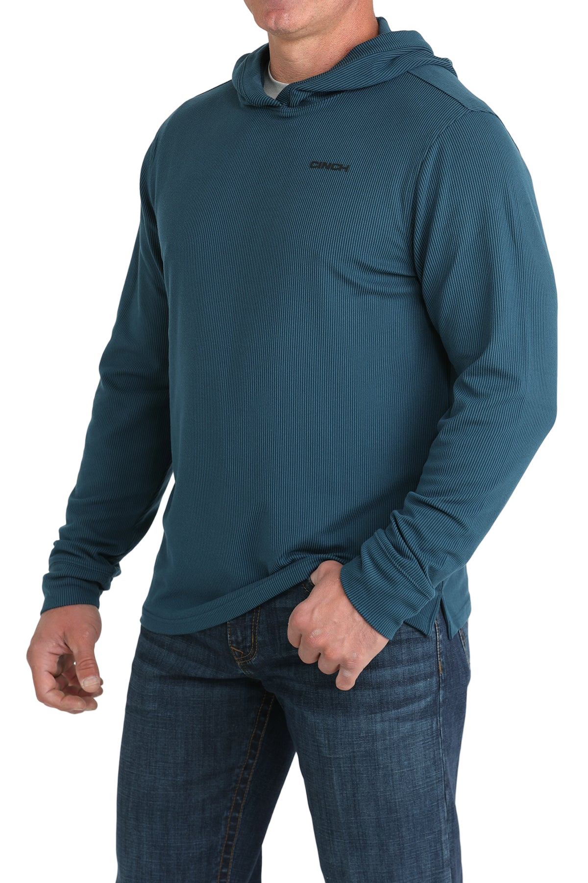 Man wearing a navy hoodie with a small 'Cinch' logo on the chest, paired with jeans on a transparent background