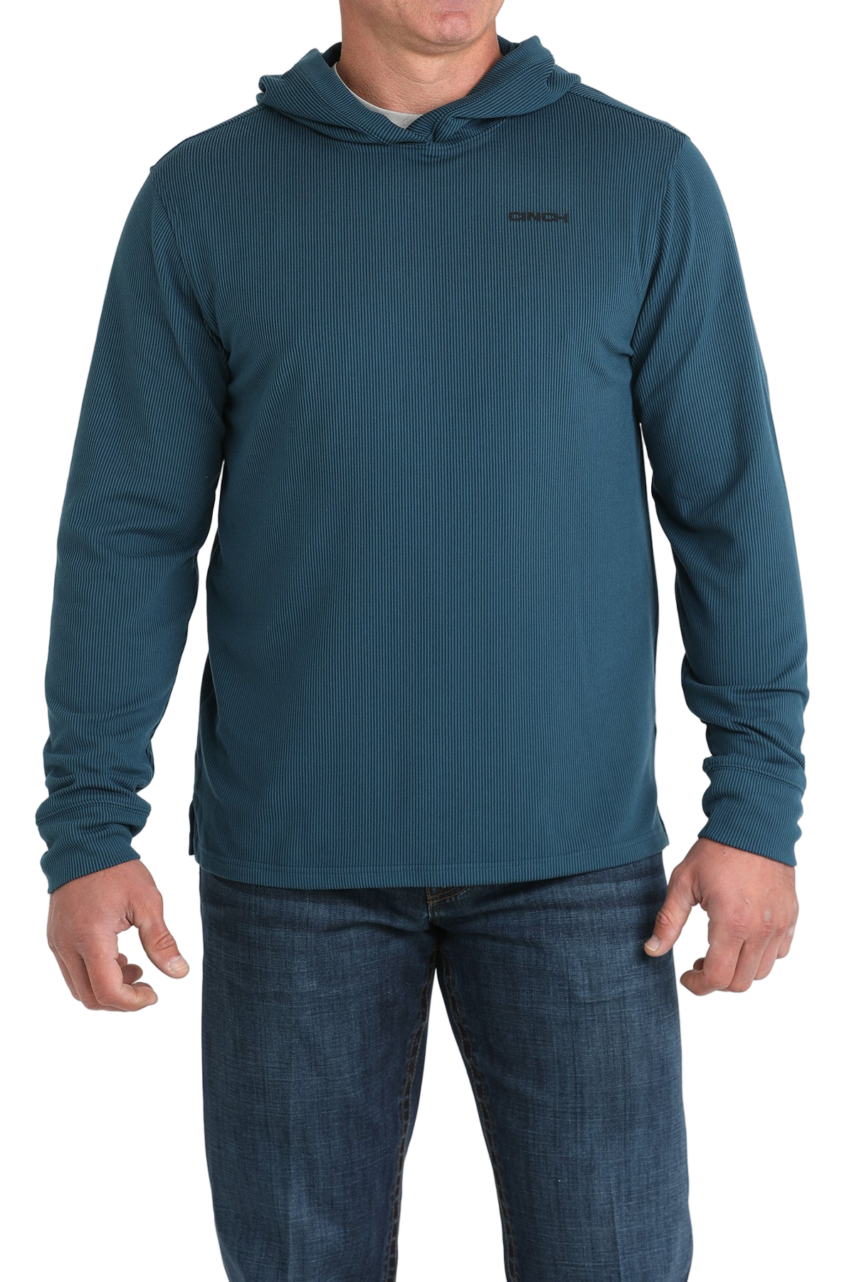 Man wearing a navy hoodie with a small 'Cinch' logo on the chest, paired with jeans on a transparent background