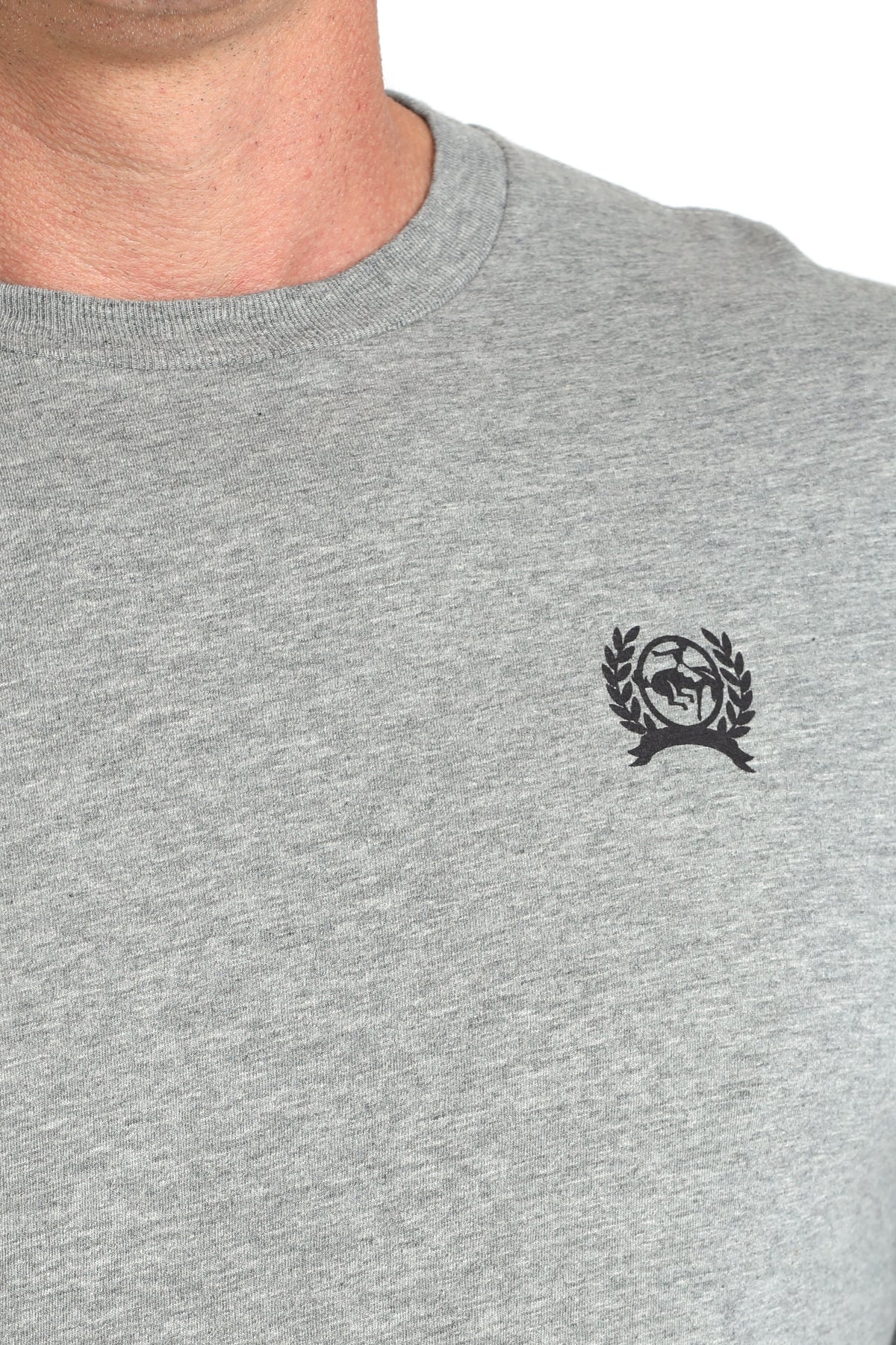 Close-up of a man wearing a gray long-sleeve shirt with a small black emblem on the chest