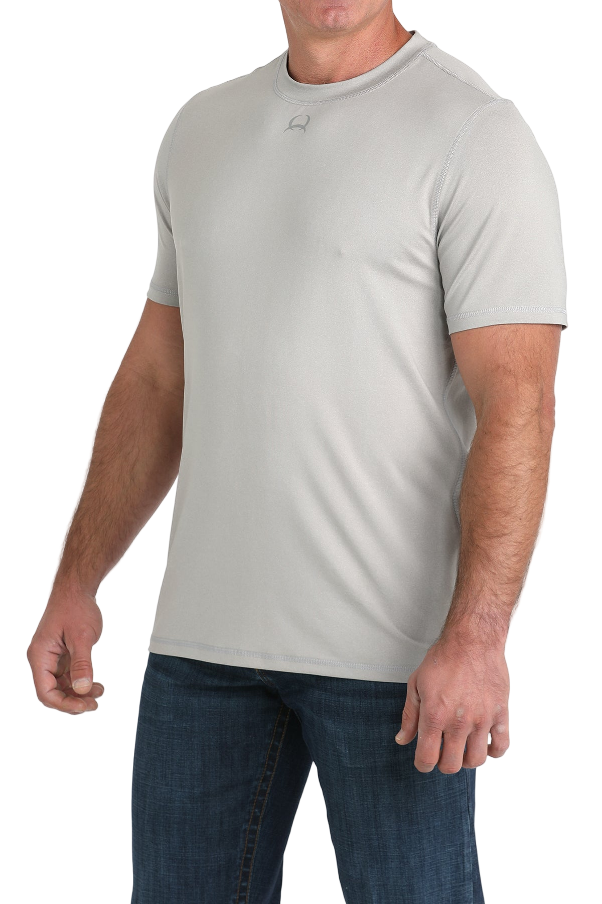 Man wearing a light grey t-shirt with jeans on a transparent background