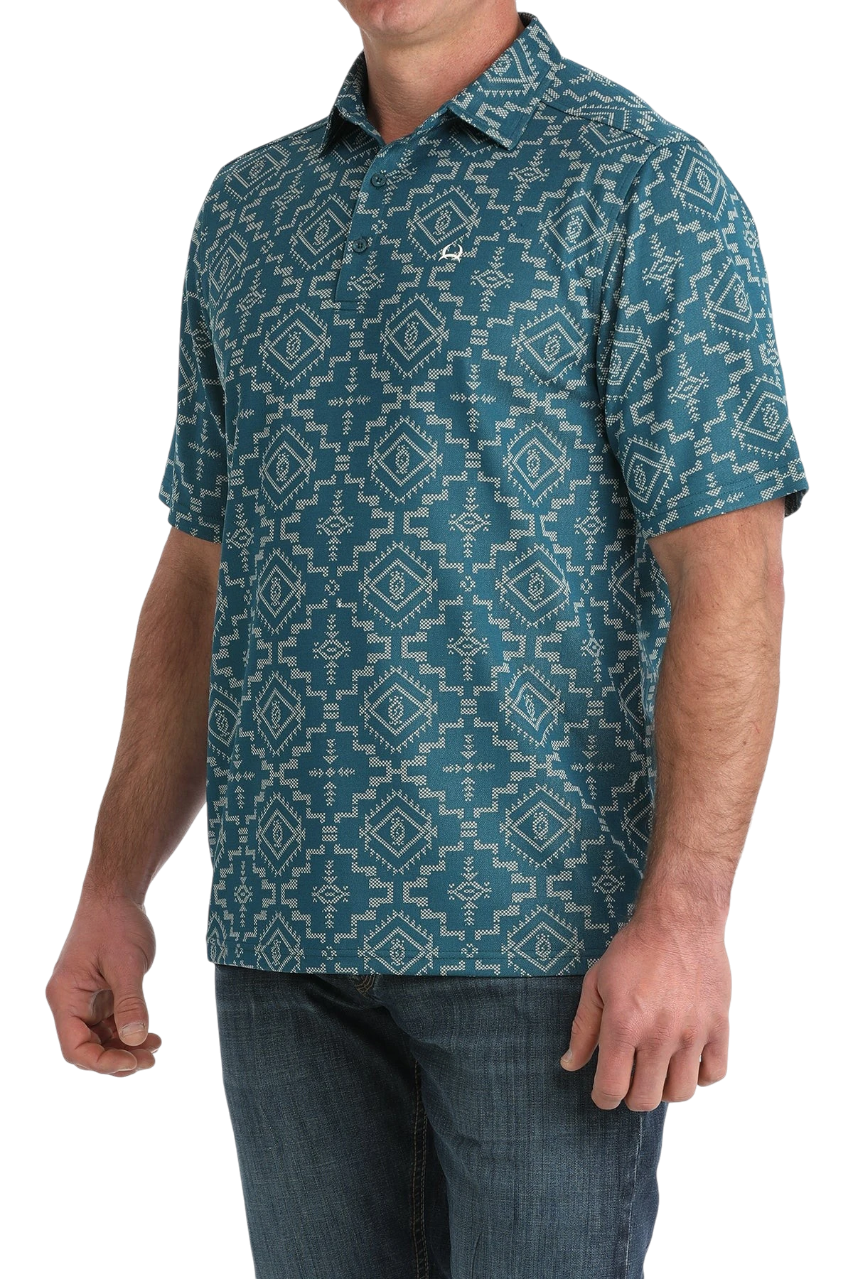 Go West Supply Men's teal and cream geometric print short sleeve polo shirt with button collar.