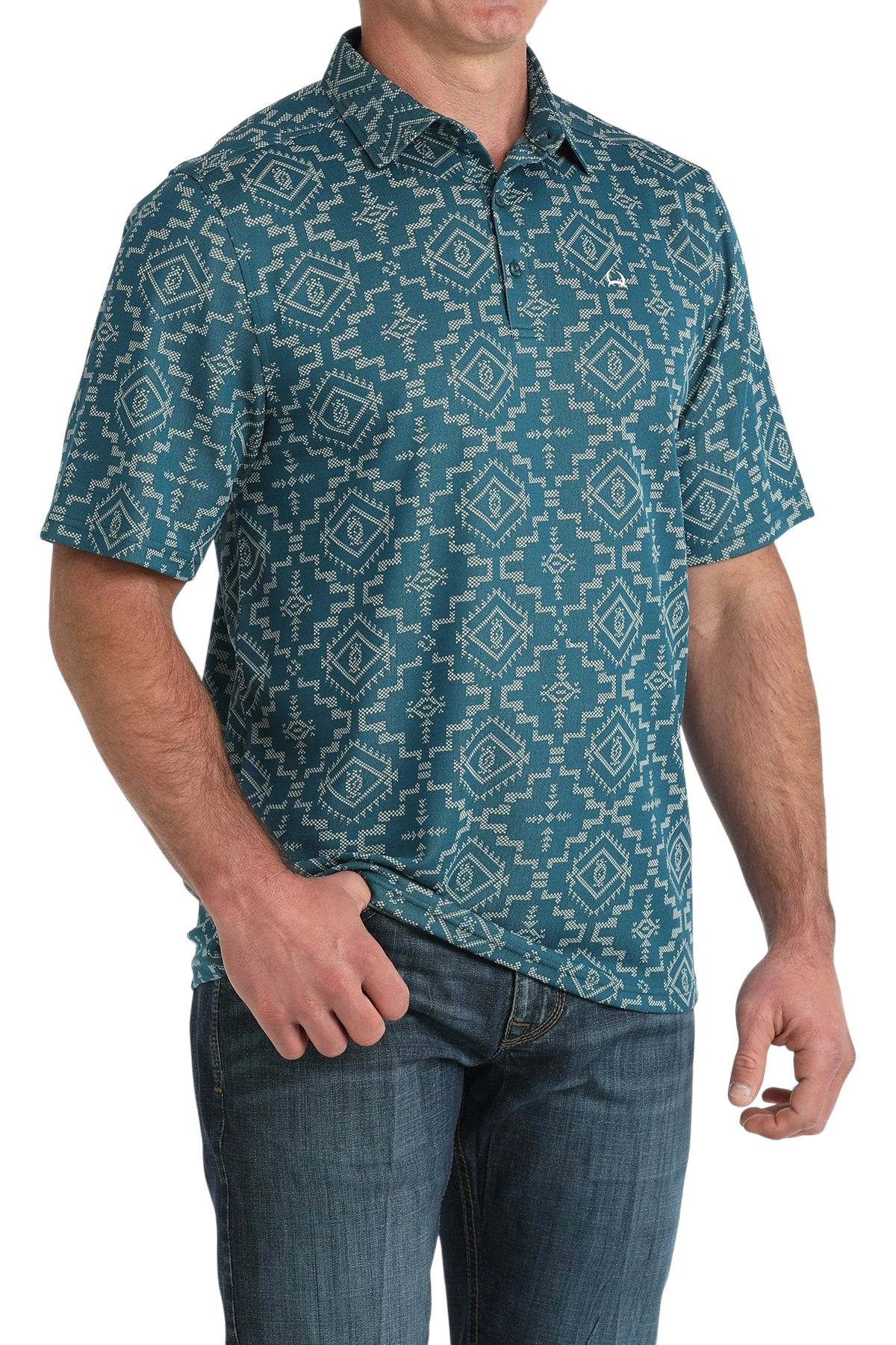 Go West Supply Men's teal and cream geometric print short sleeve polo shirt made of ArenaFlex fabric.