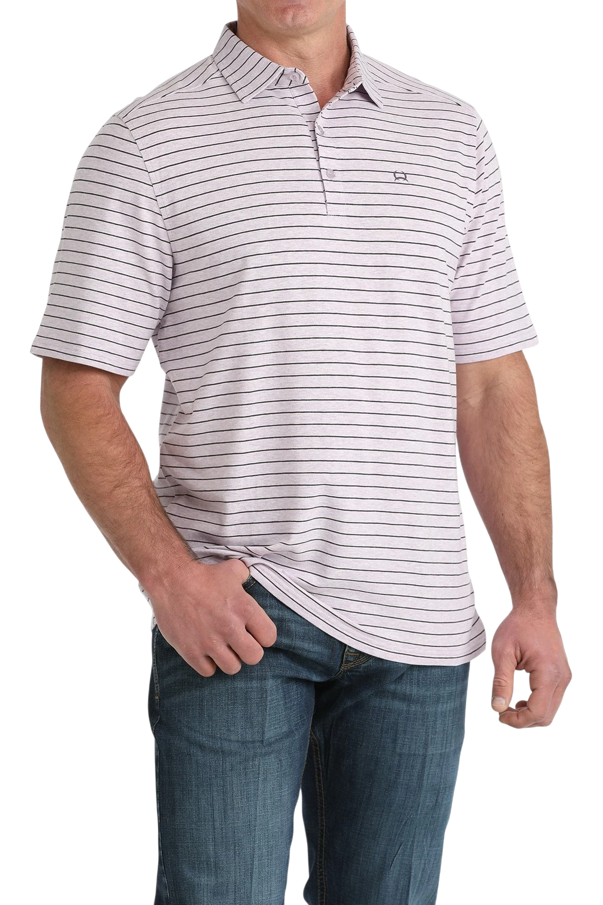 Go West Supply CINCH Men's ArenaFlex polo shirt in light purple with black stripes, short sleeves, and a classic collar.