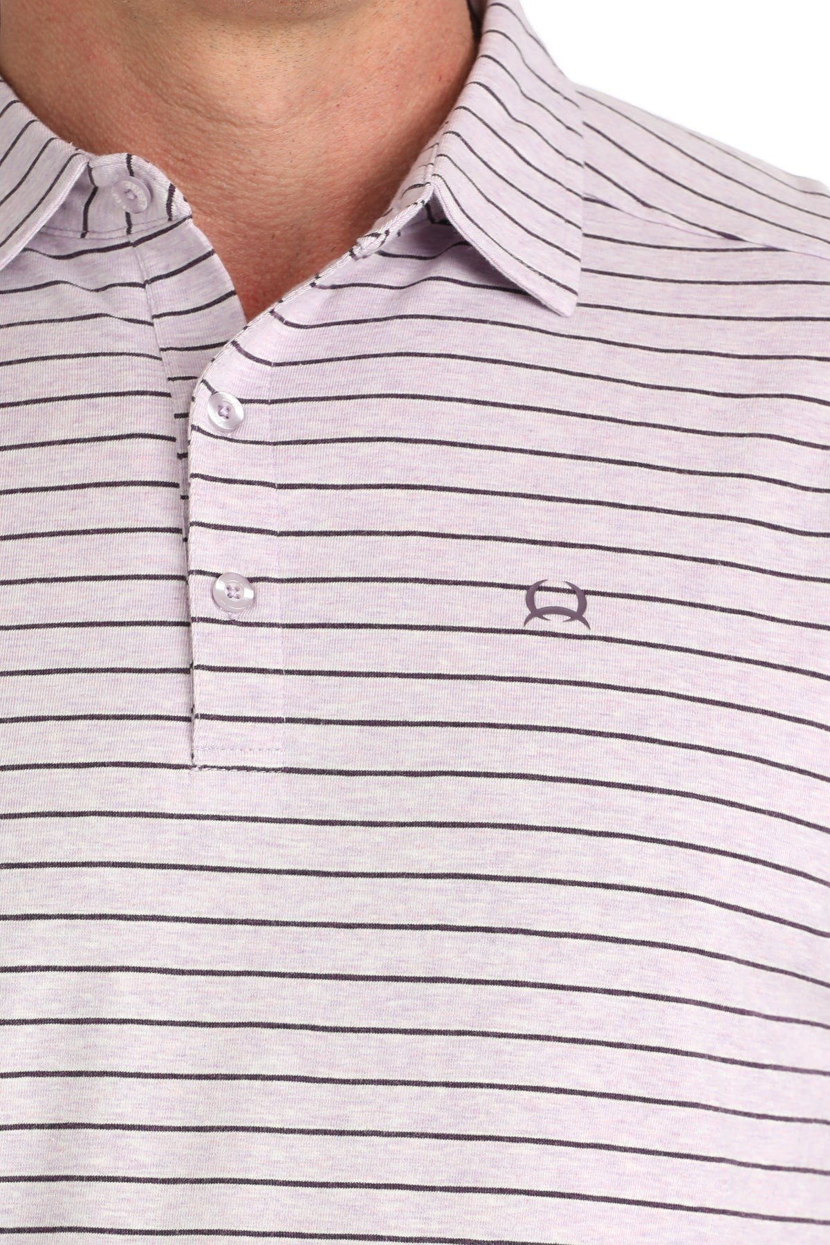 Go West Supply men's light purple striped ArenaFlex polo shirt with short sleeves and a button placket.