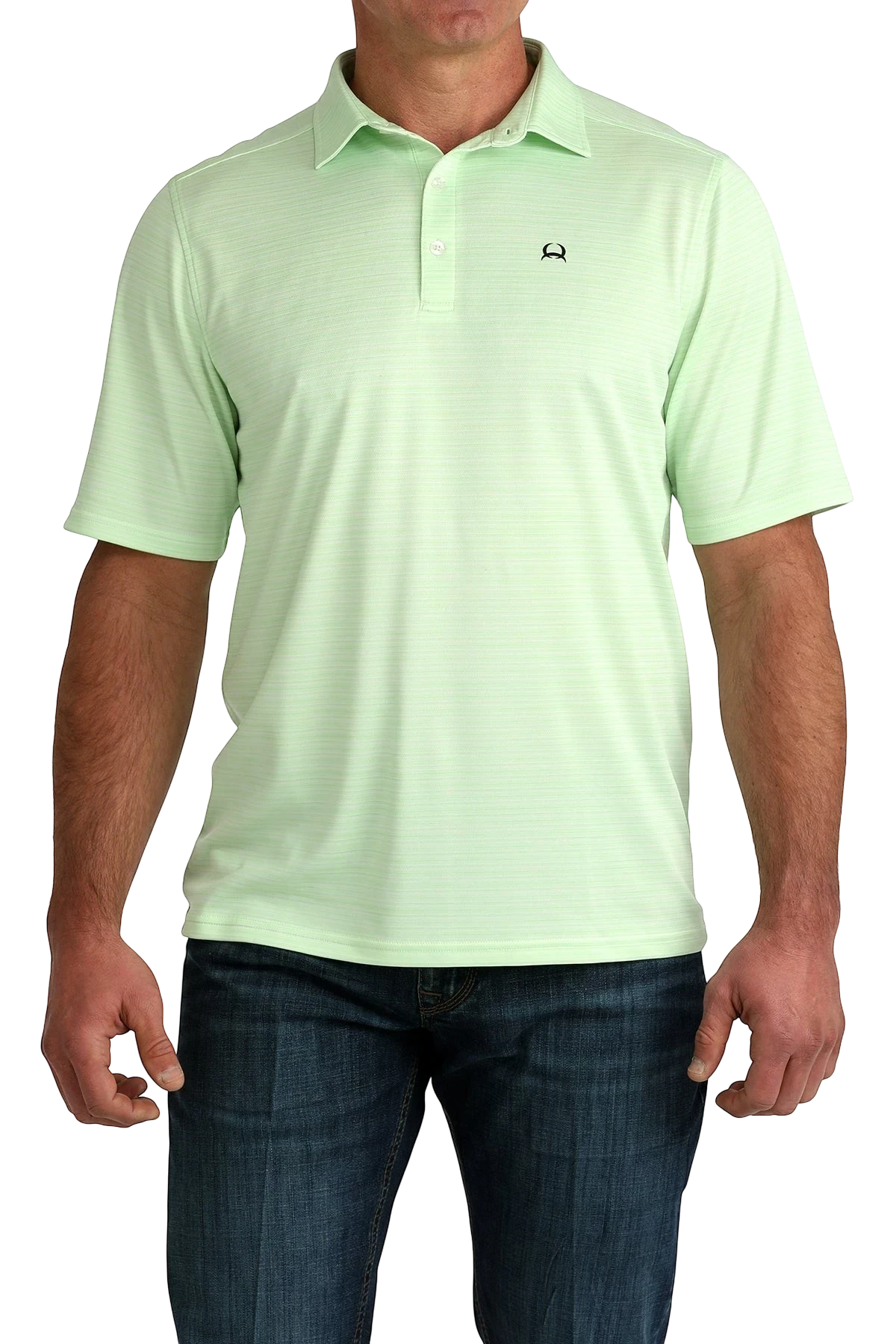 Go West Supply Men's light green short sleeve polo shirt with subtle stripes and CINCH logo.