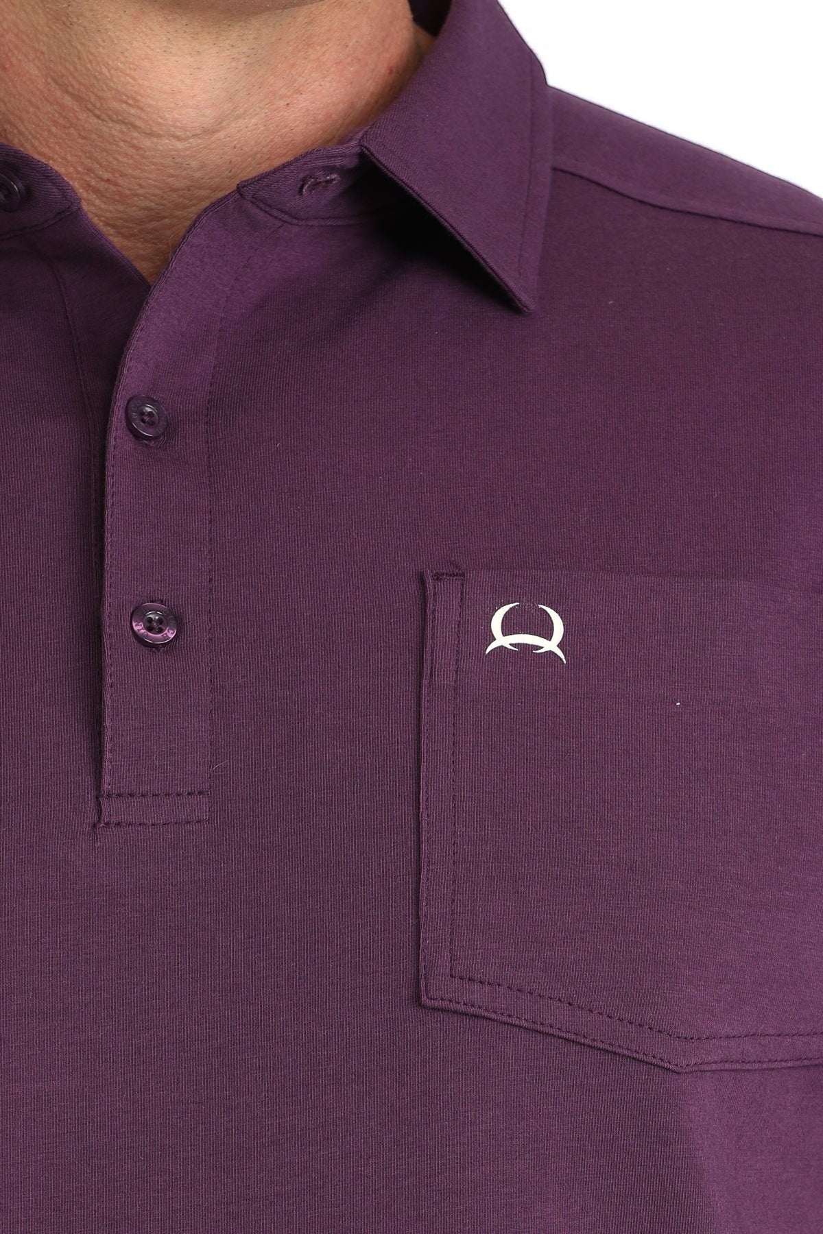 Go West Supply Men's short sleeve purple ArenaFlex polo shirt with a chest pocket and embroidered logo.