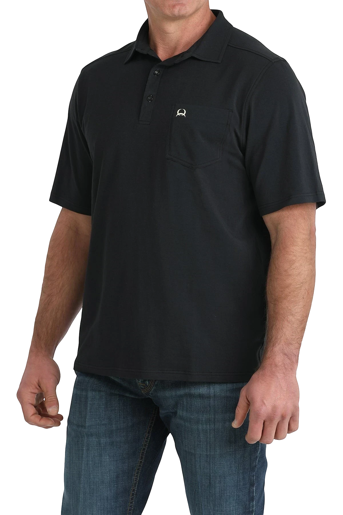 Go West Supply Men's black short sleeve polo shirt with chest pocket and embroidered logo. Performance fabric.