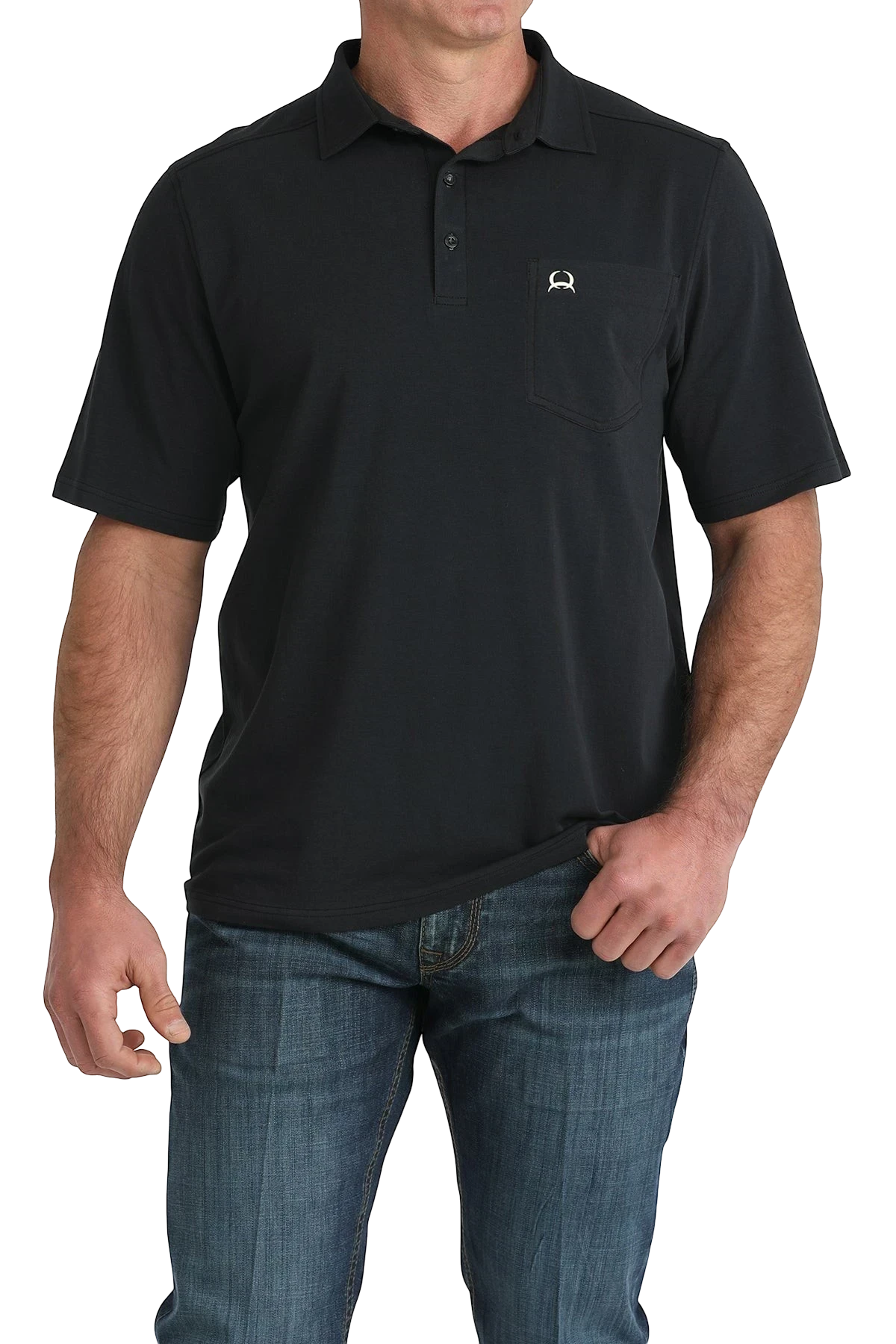 Go West Supply black short sleeve ArenaFlex polo shirt with chest pocket and embroidered logo.