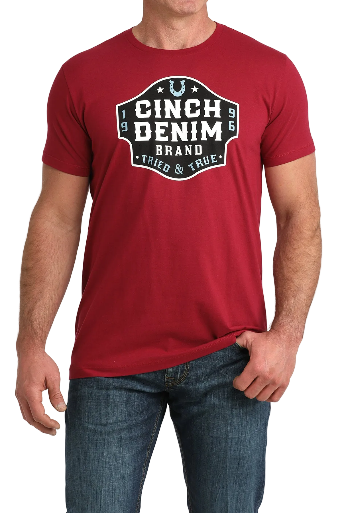 Red t-shirt with Cinch Denim Brand logo worn by a person on a white background