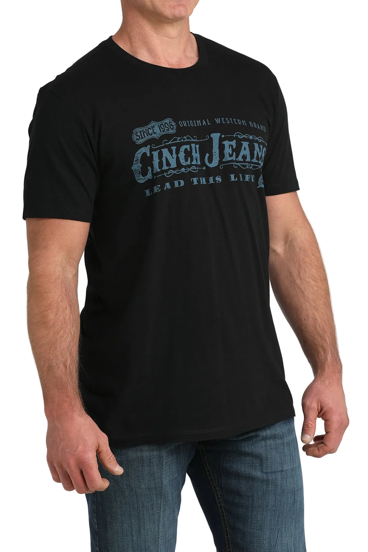 Person wearing a black t-shirt with 'Cinci Jean' text and blue jeans on a white background