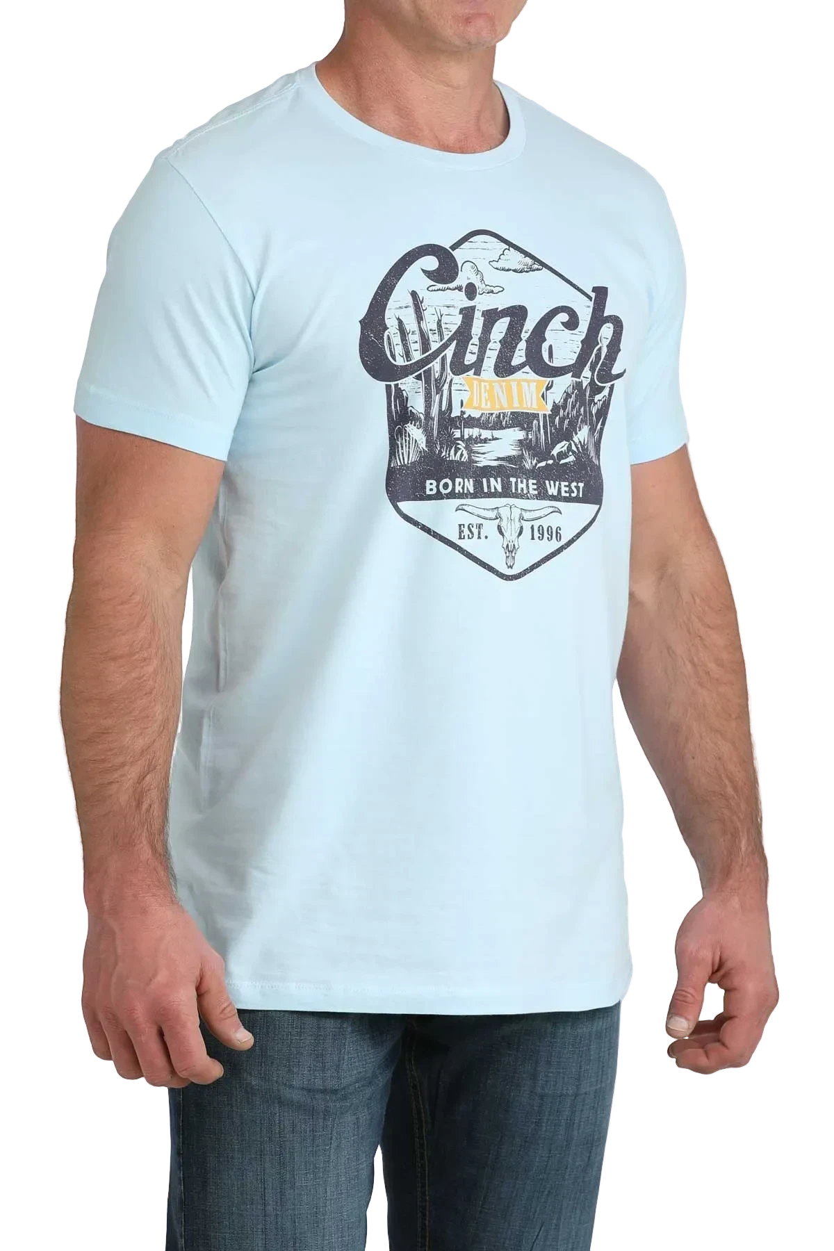 Light blue t-shirt with graphic design on a white background