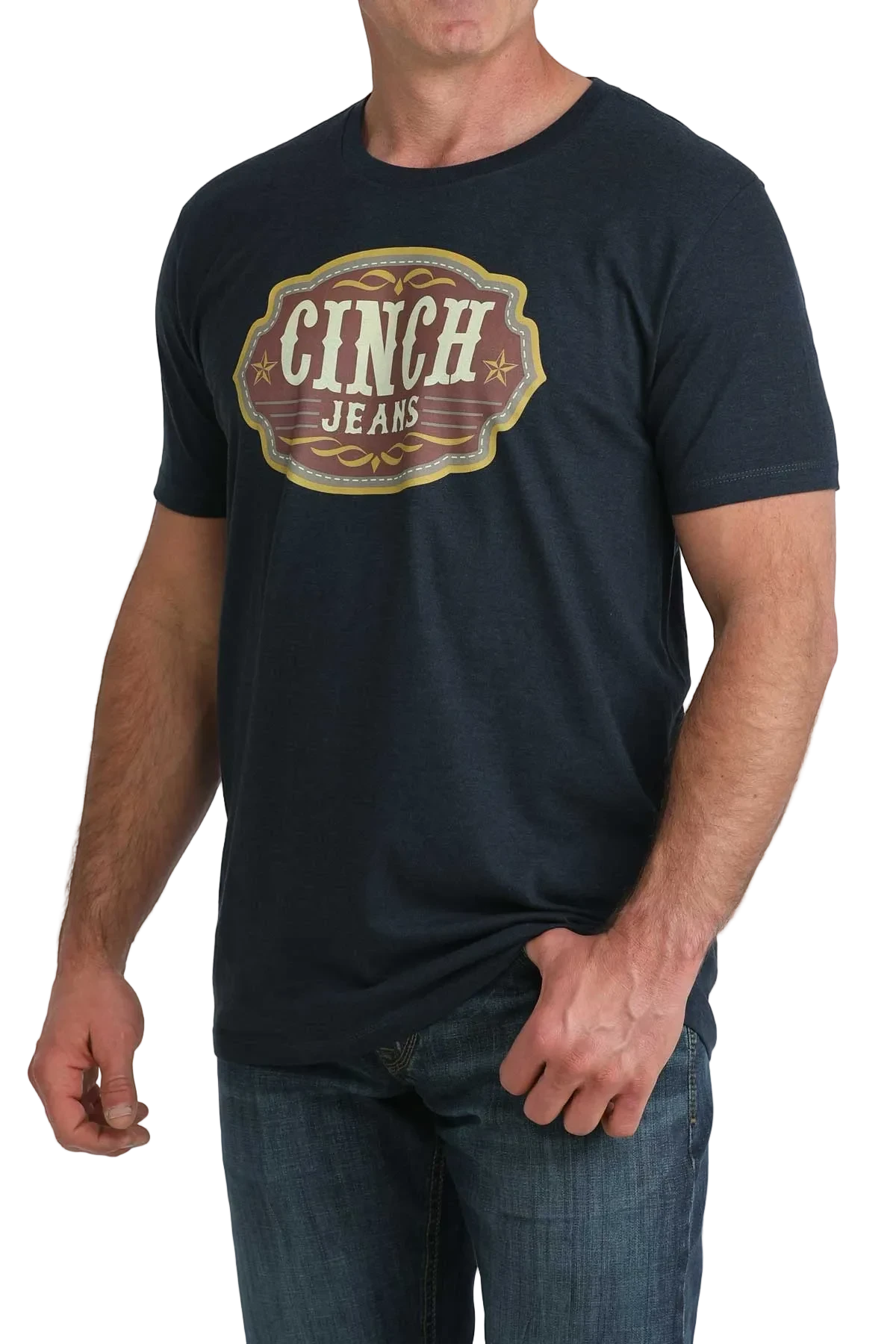 Person wearing a black t-shirt with 'Cinch Jeans' logo on a white background