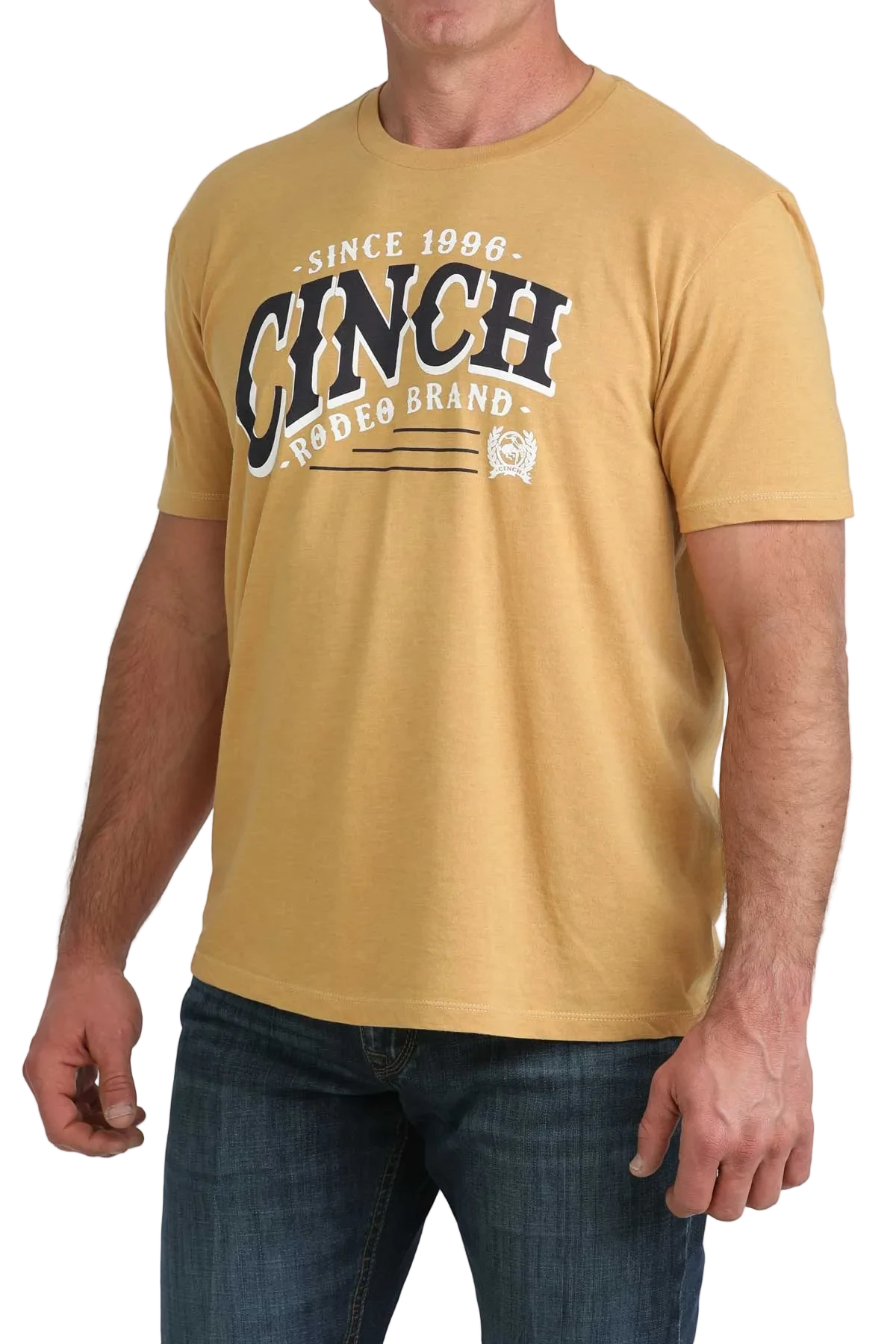 Man wearing a mustard yellow t-shirt with 'Cinch' branding on a white background