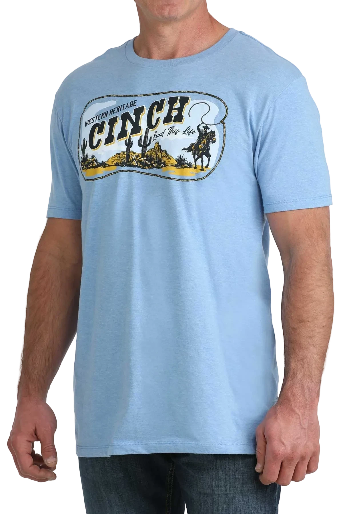 Light blue t-shirt with graphic design on a white background