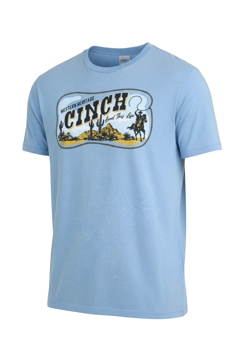 Go West Supply light blue short sleeve men's graphic t-shirt with a desert landscape and cowboy graphic.