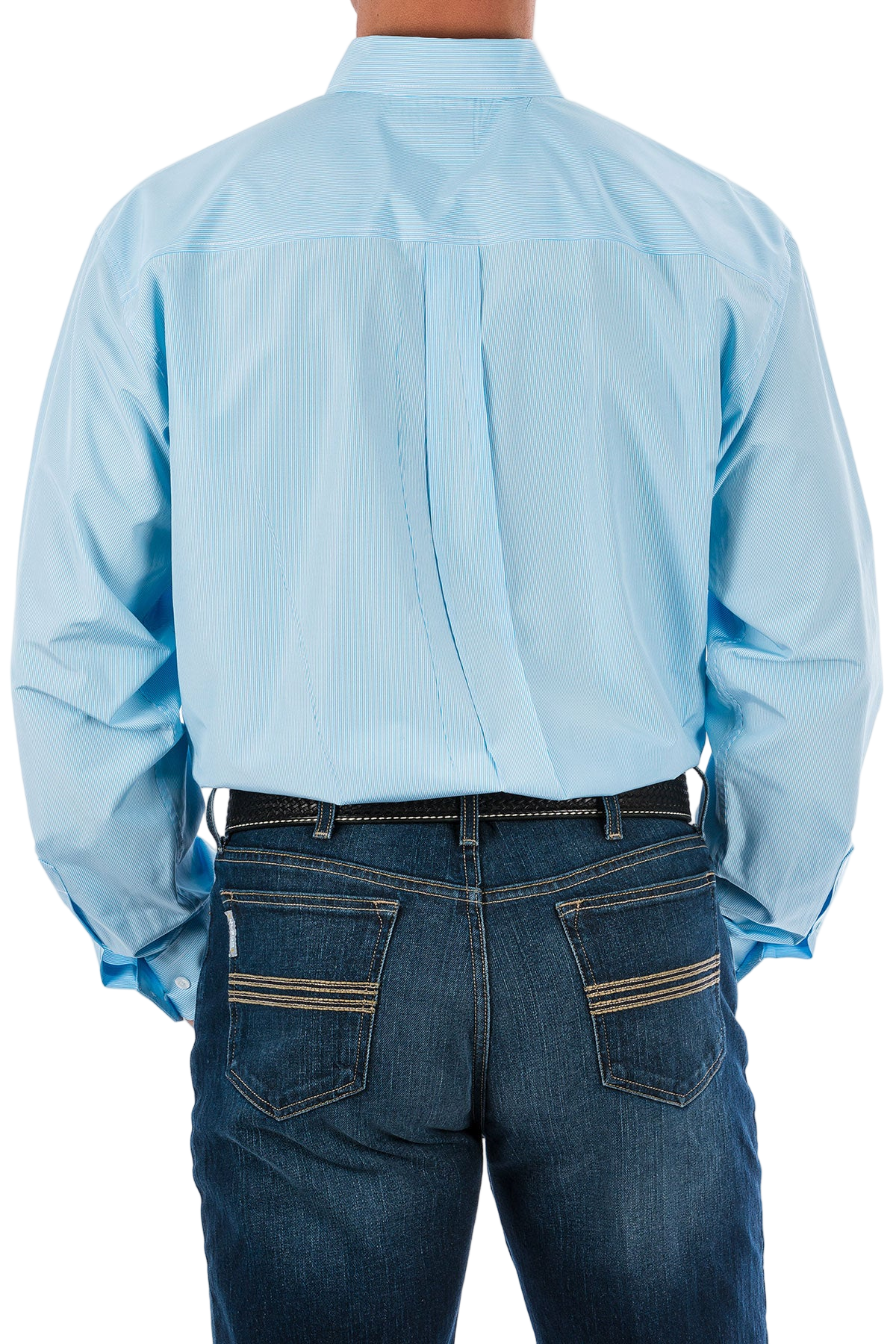 Back view of a man wearing a light blue button-up shirt and blue jeans on a white background
