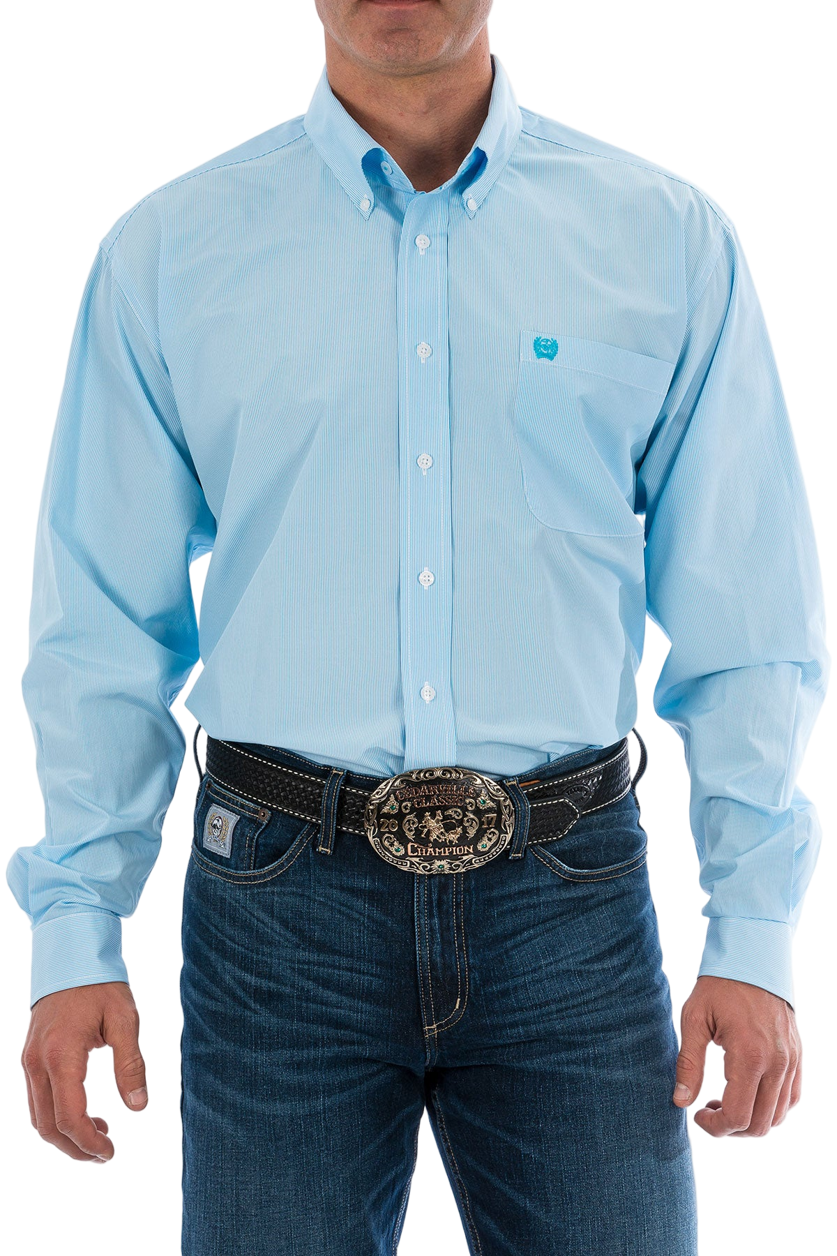 Man wearing a light blue button-up shirt and blue jeans on a white background