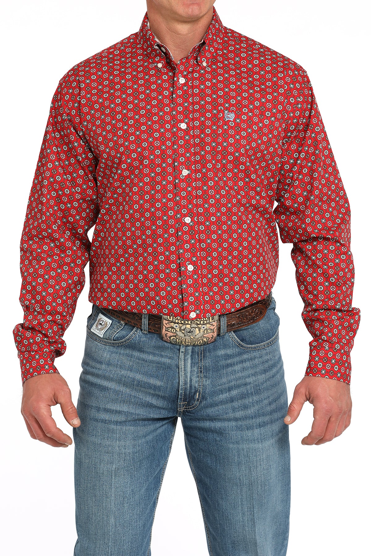 Man wearing a red long sleeve button-down with jeans and a belt 