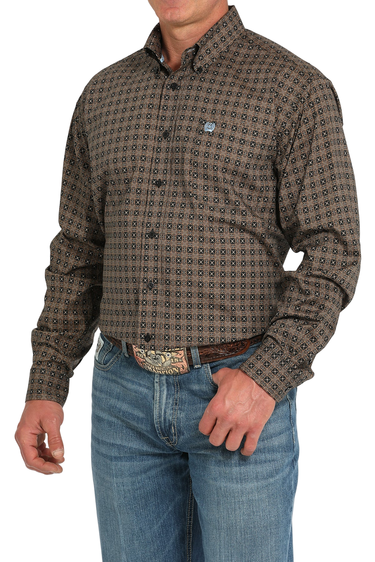 Man wearing a patterned brown long sleeve button-down shirt and jeans on a transparent background 