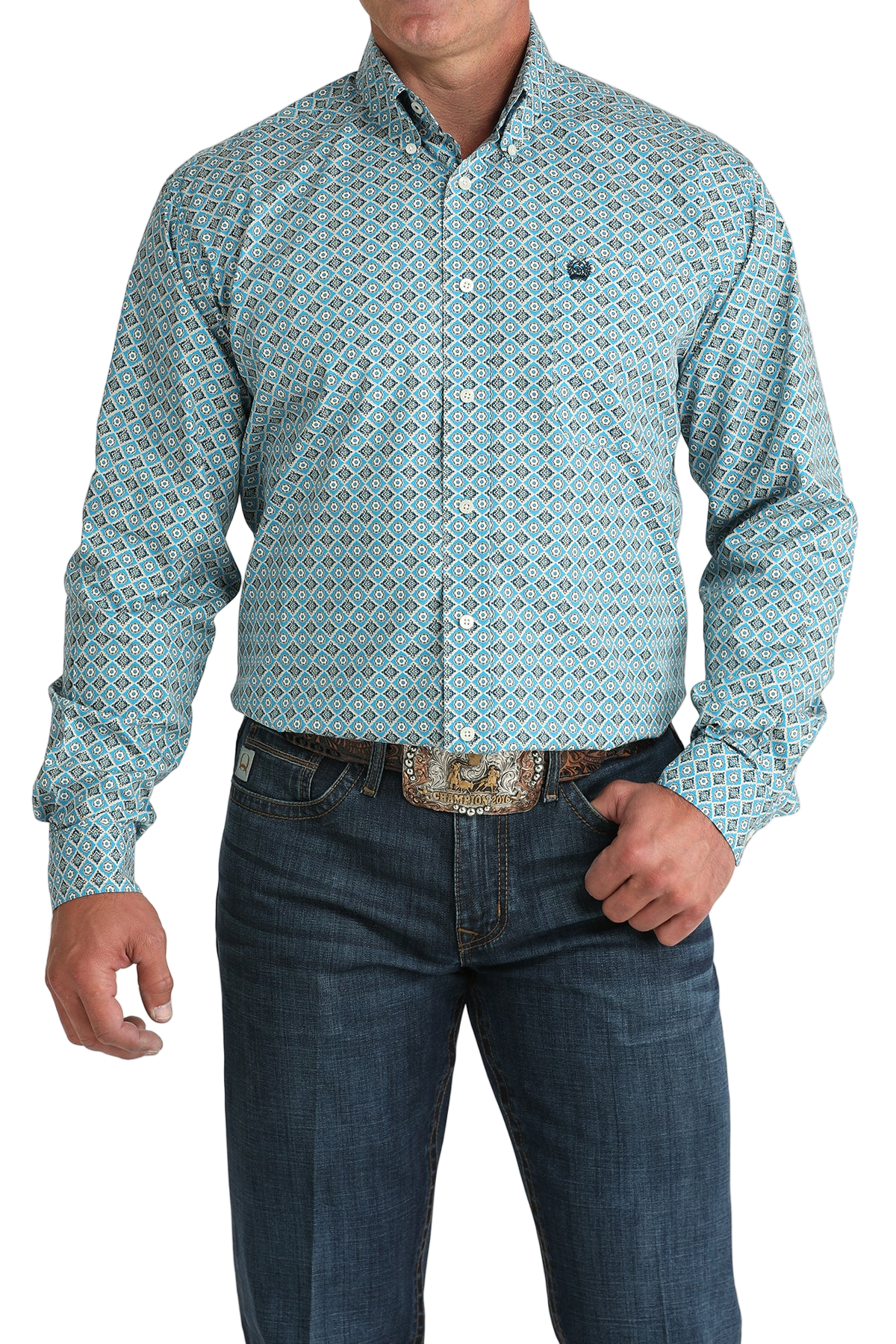 Man wearing a patterned blue long sleeve button-down shirt and jeans on a transparent background 