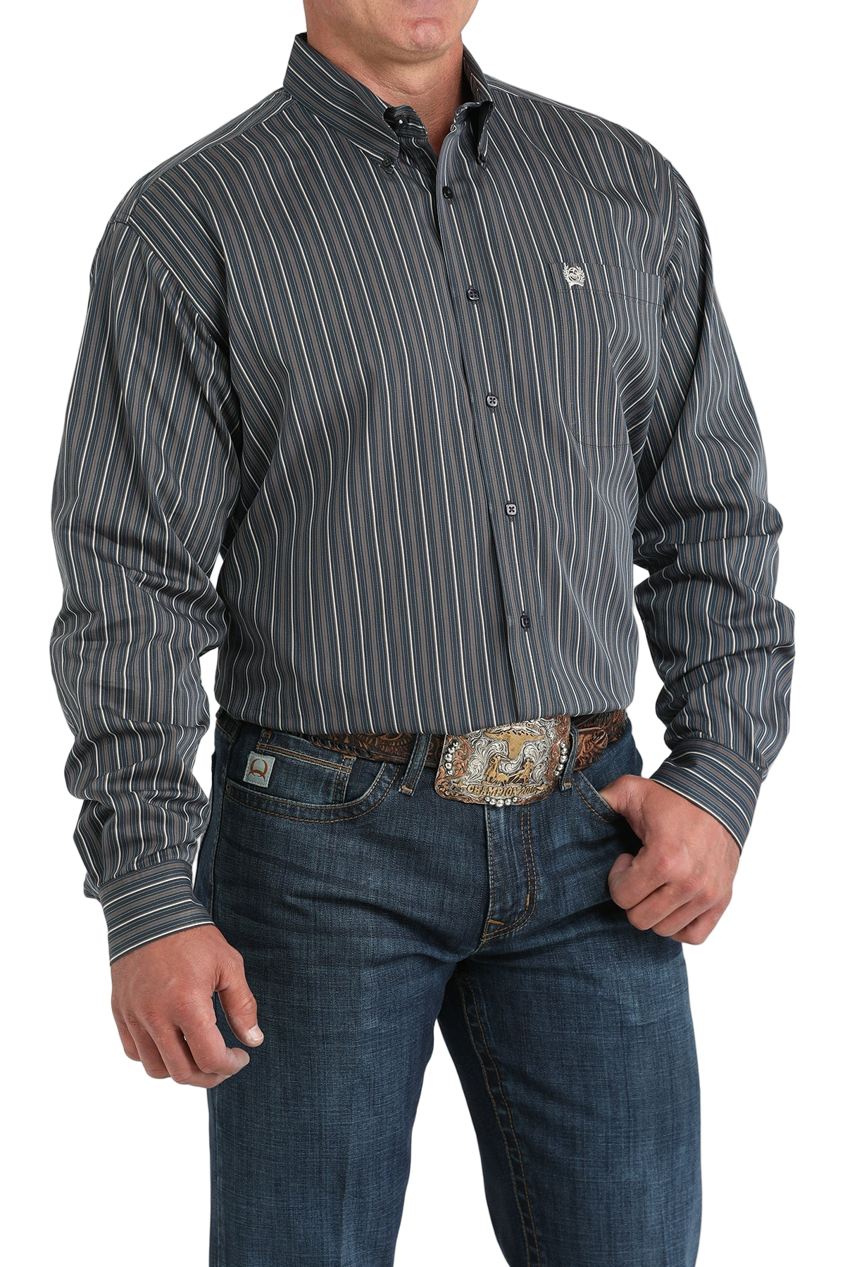 Man wearing a black striped button-up shirt and blue jeans on a white background