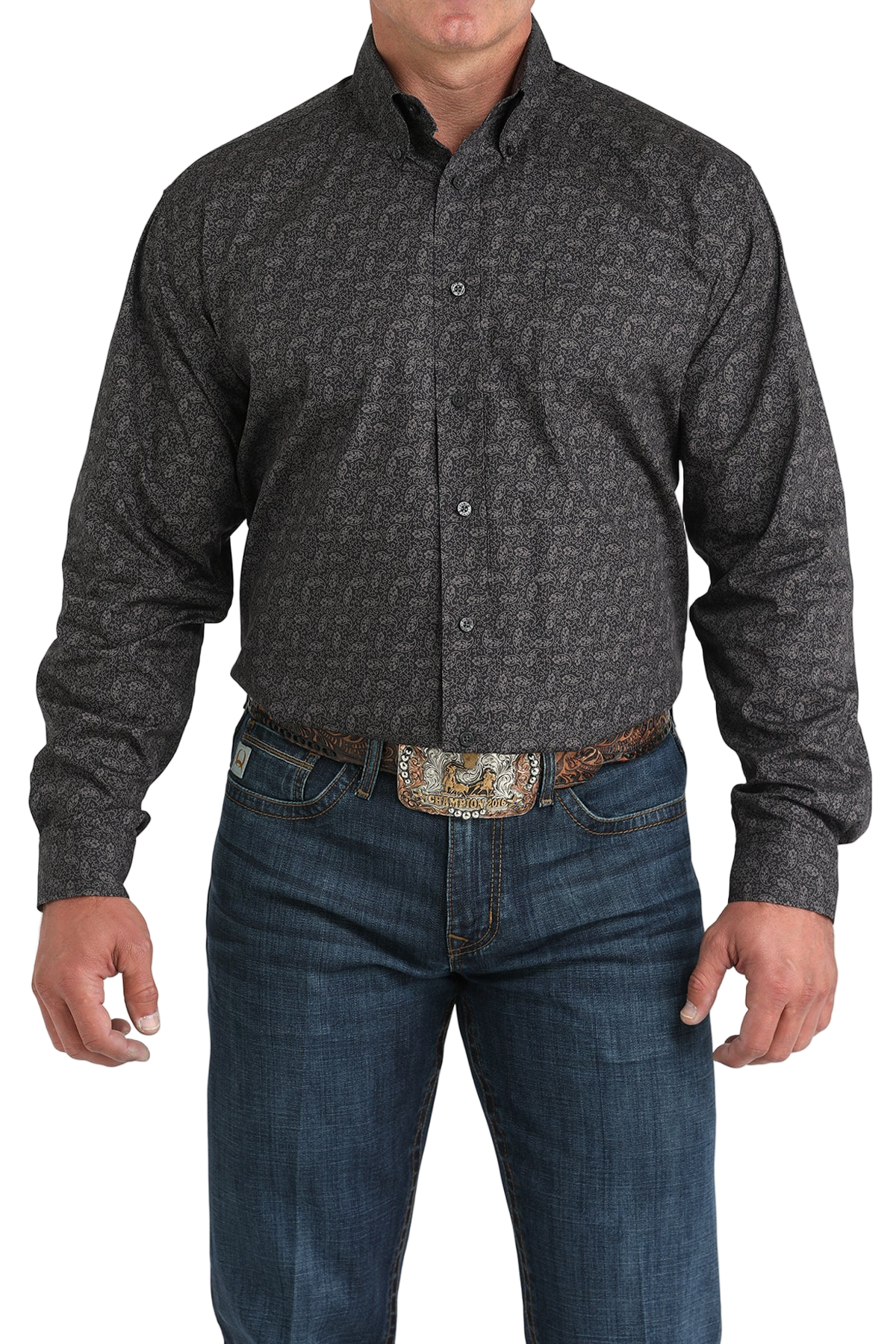 Man wearing a patterned black long sleeve button-down shirt and jeans on a transparent background 
