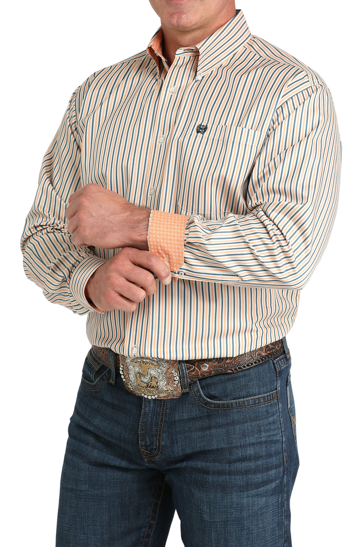 Man wearing a patterned long sleeve button-down shirt with contrasting cuffs on a transparent background 