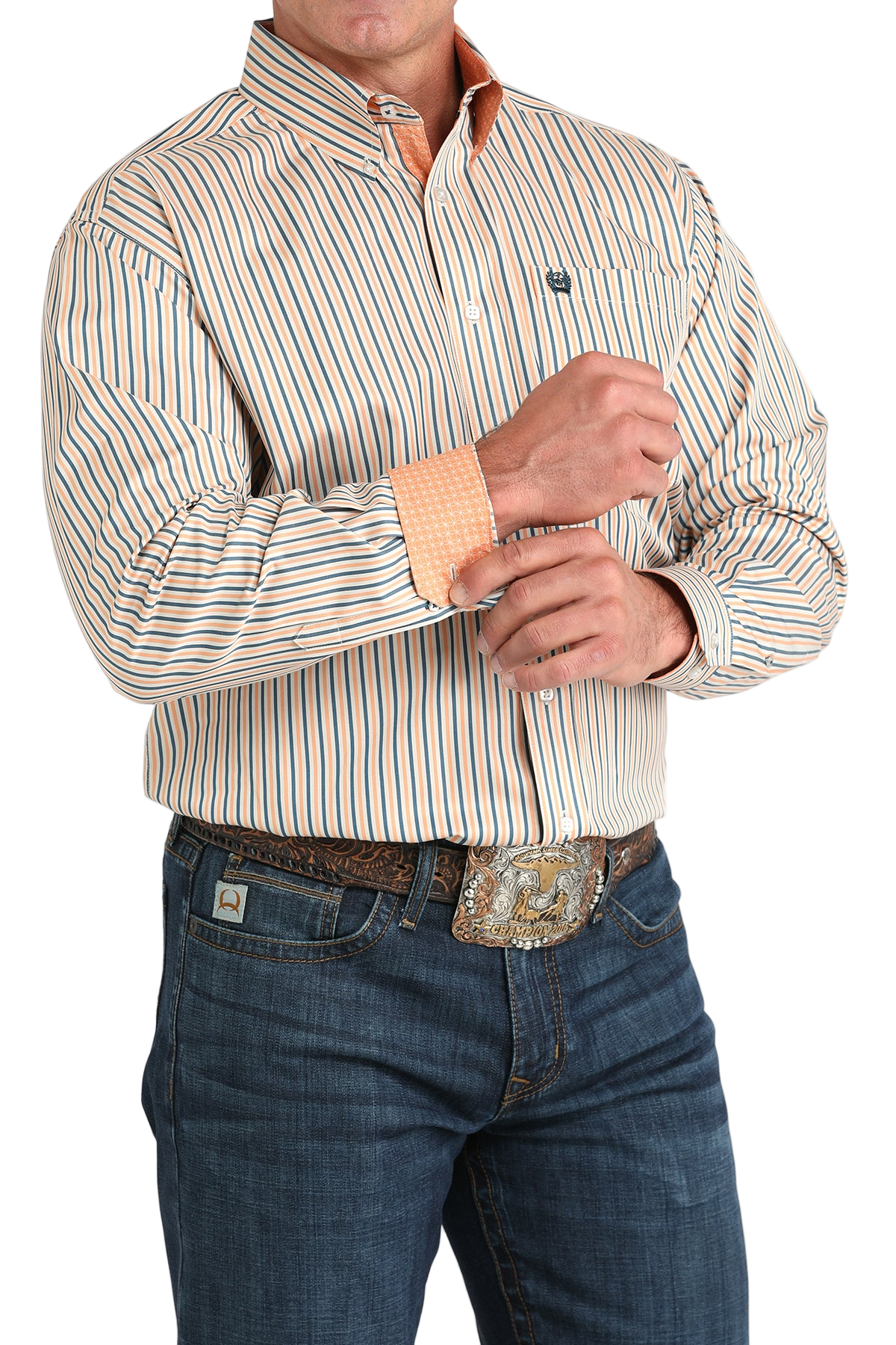 Man wearing a patterned long sleeve button-down shirt with contrasting cuffs on a transparent background 