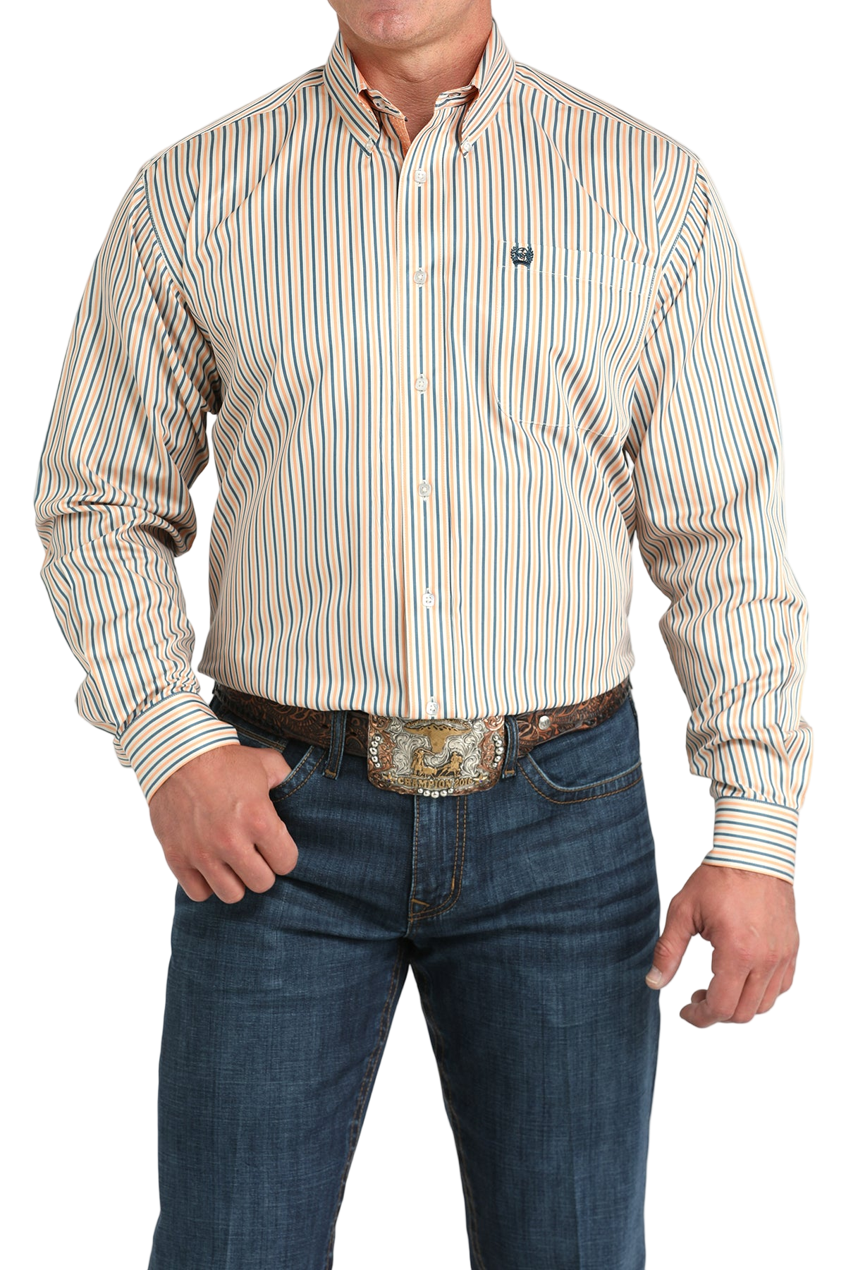 Man wearing a striped beige long sleeve button-down shirt and jeans on a transparent background 