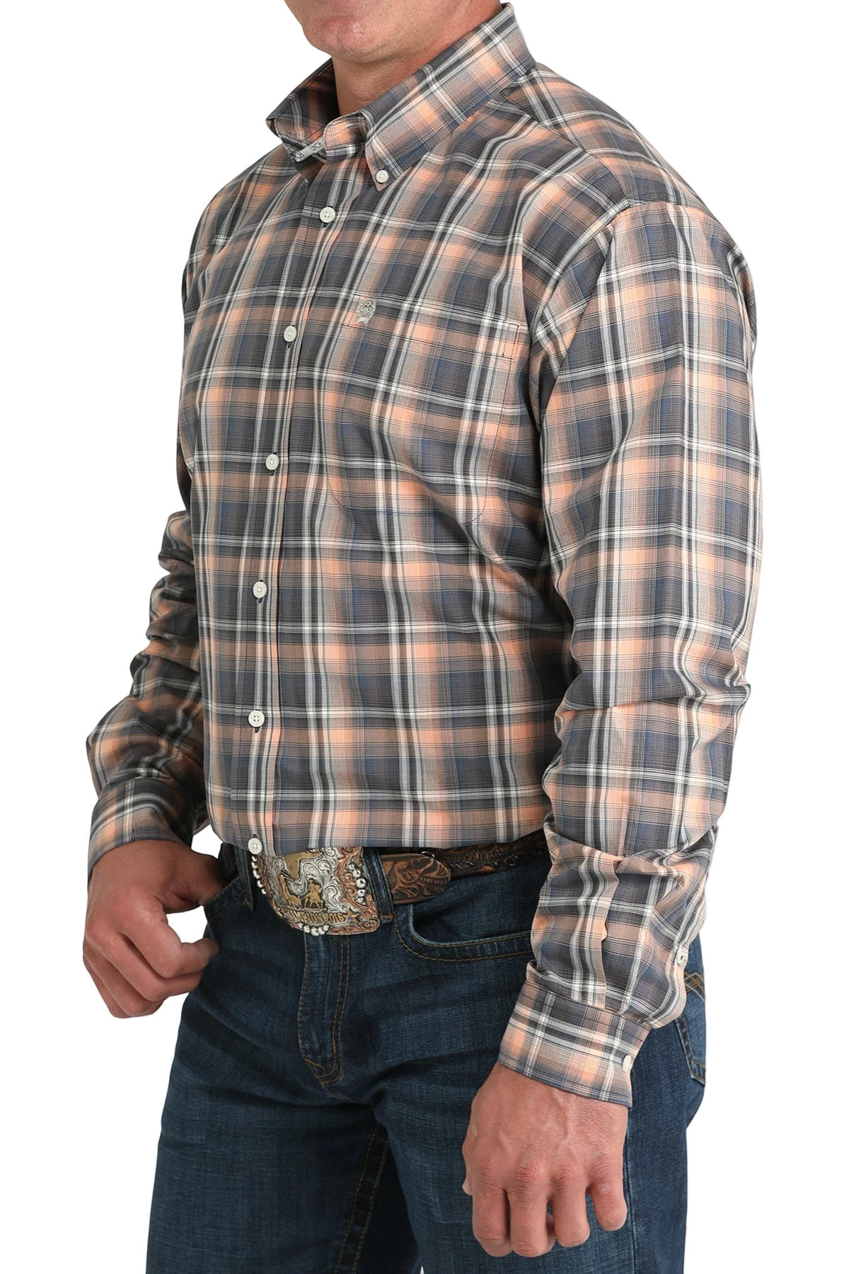 Man wearing a patterned multi-color long sleeve button-down shirt and jeans on a transparent background