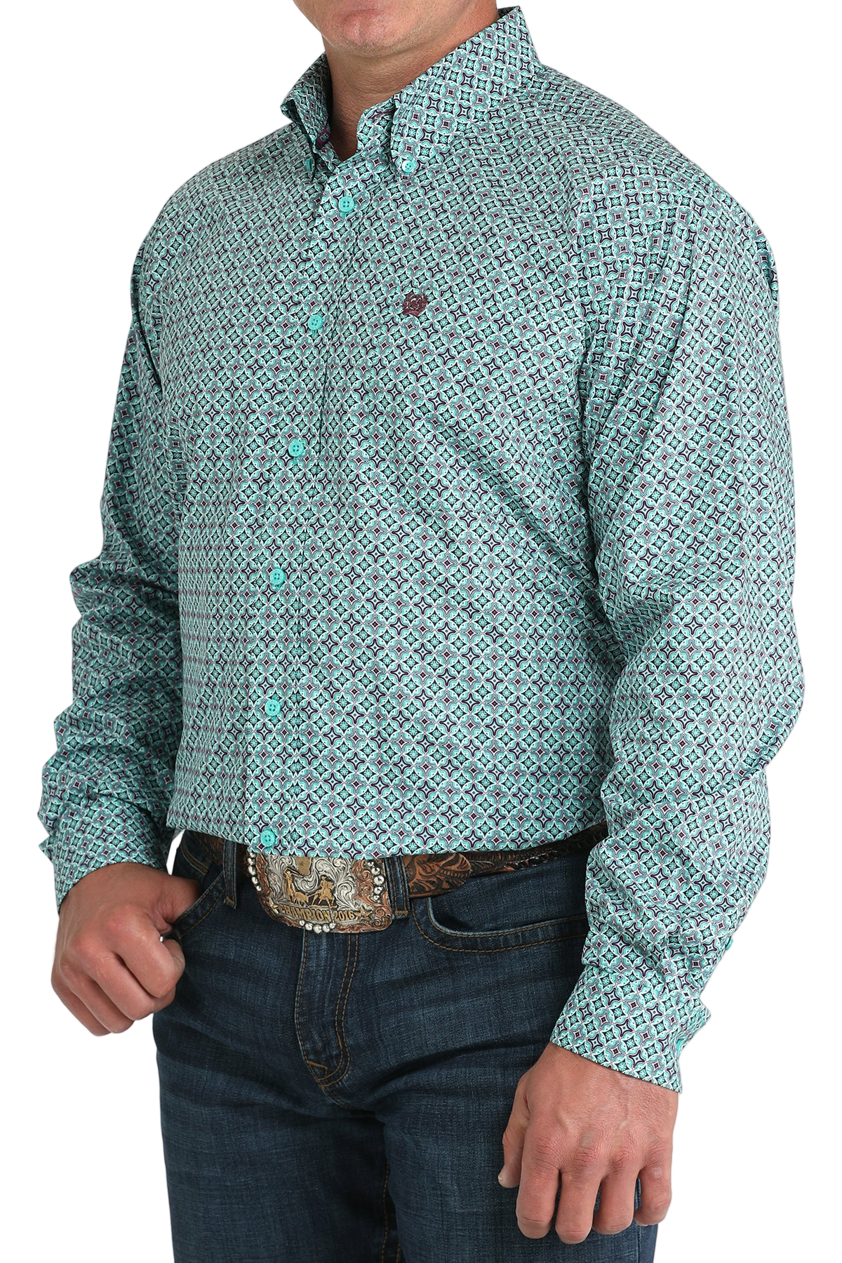 Man wearing a patterned teal long sleeve button-down shirt and jeans on a transparent background 