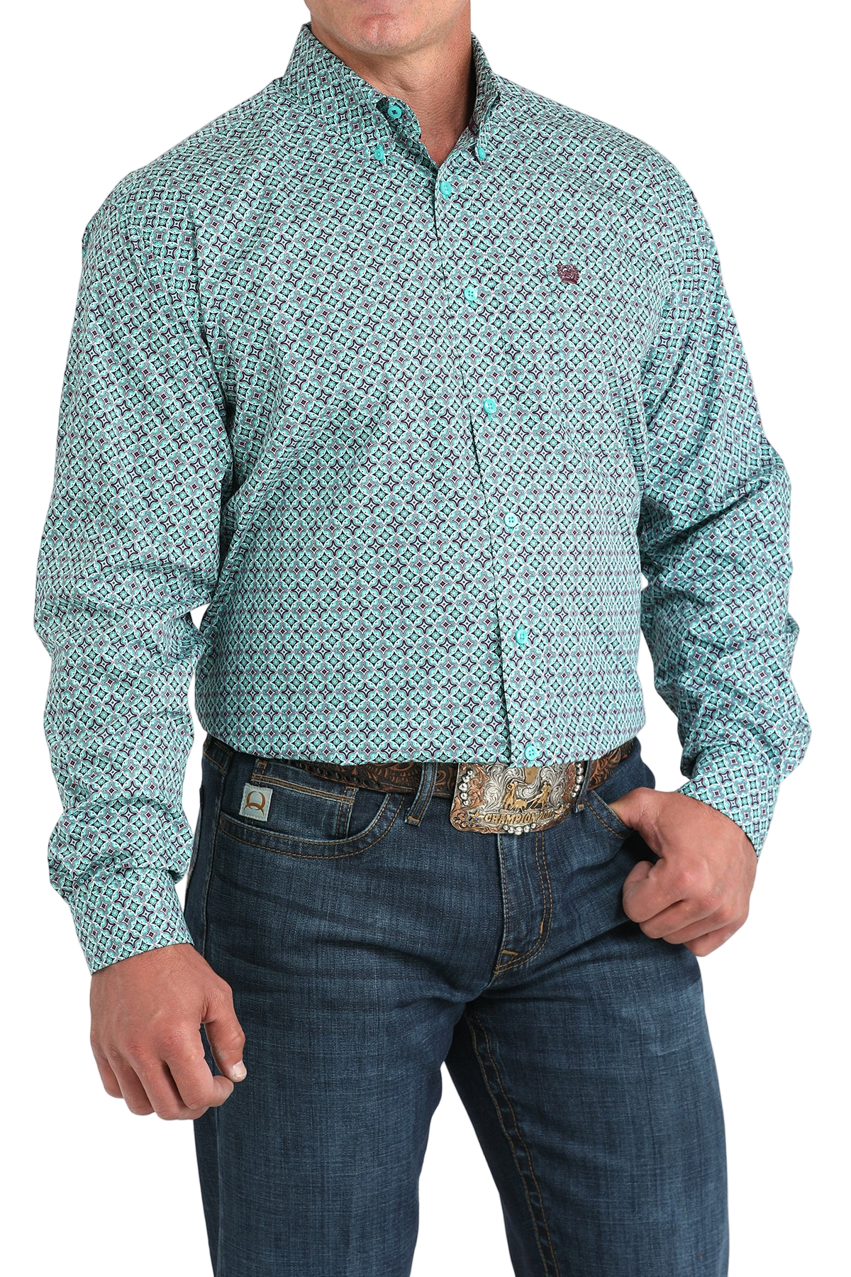 Man wearing a patterned teal long sleeve button-down shirt and jeans on a transparent background 