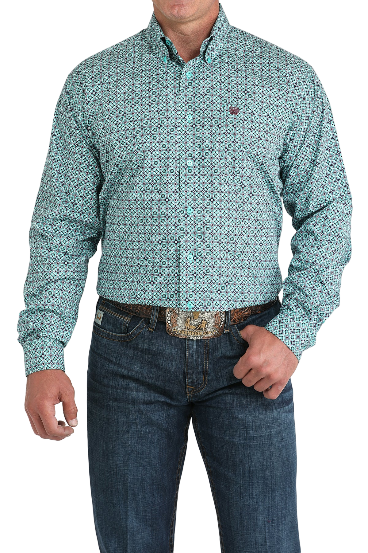 Man wearing a patterned teal long sleeve button-down shirt and jeans on a transparent background 