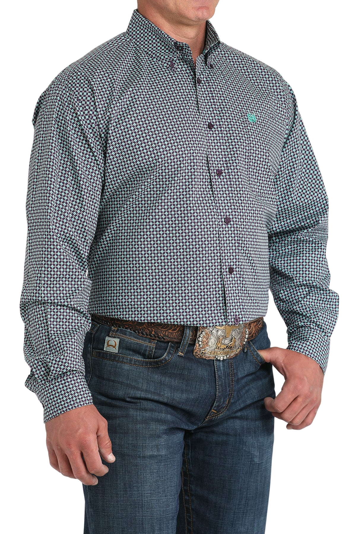 Man wearing a patterned blue long sleeve button-down shirt and jeans on a transparent background 