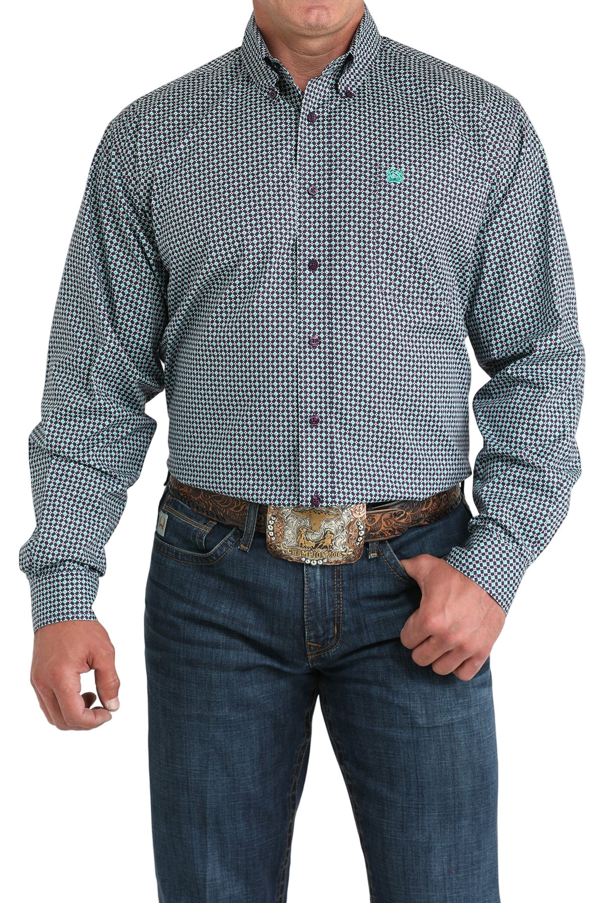 Man wearing a patterned blue long sleeve button-down shirt and jeans on a transparent background 
